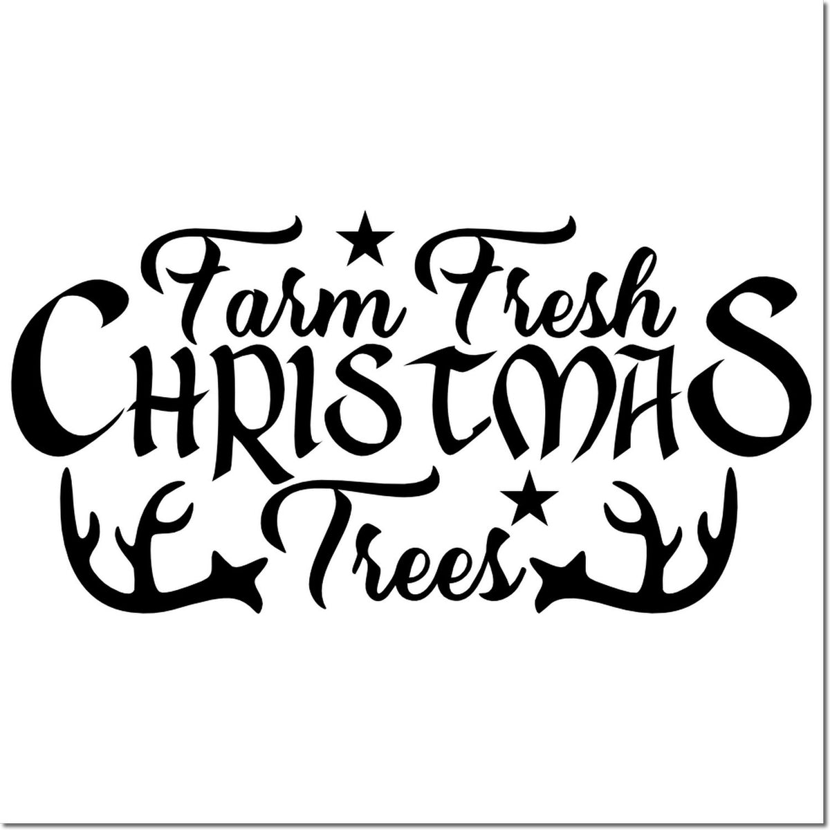 Farm Fresh Christmas Trees rubber stamp design with rustic antlers and stars, perfect for holiday gift tags and farm market packaging.