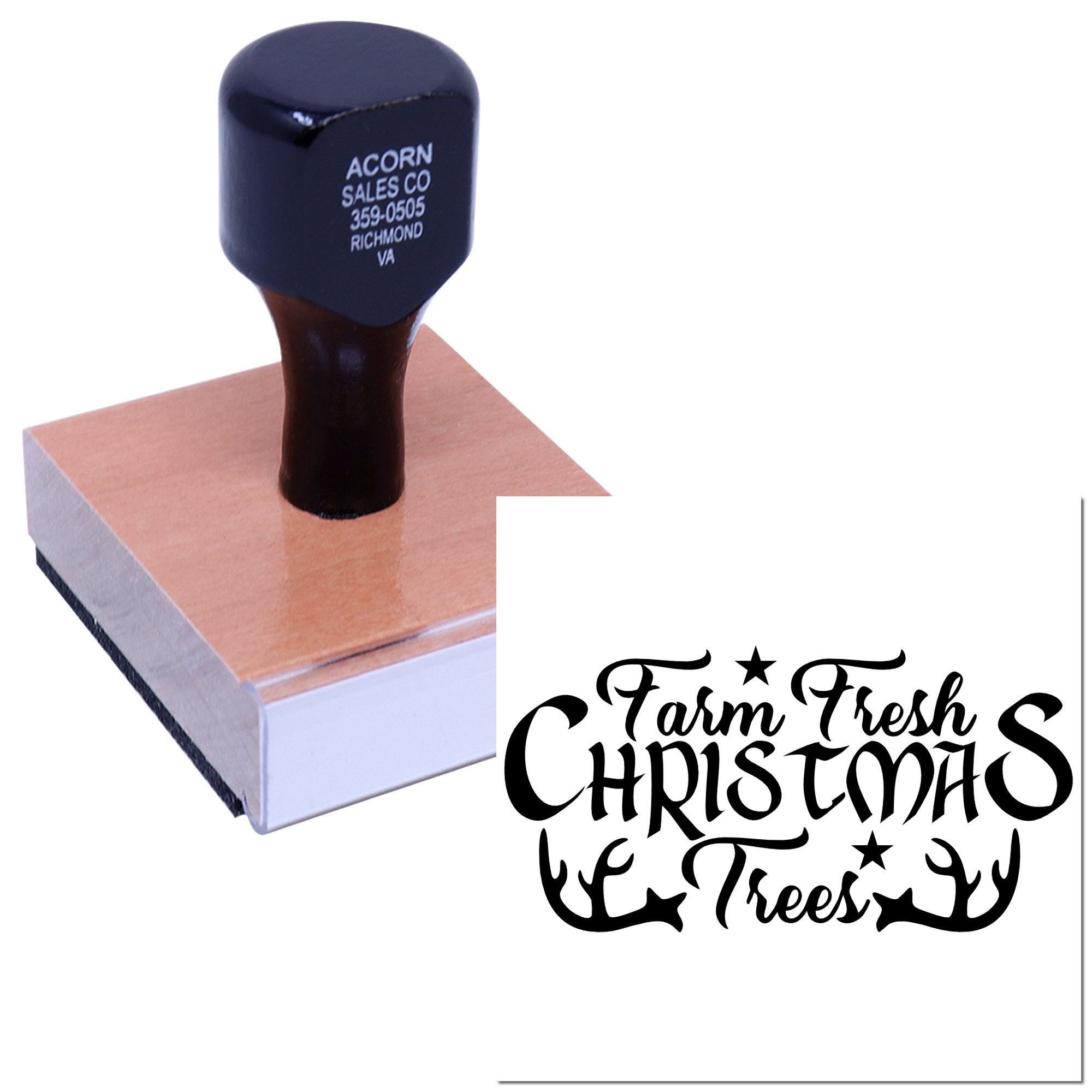 Custom rubber stamp for Farm Fresh Christmas Trees branding, showing a wood-handle stamp and matching logo imprint.