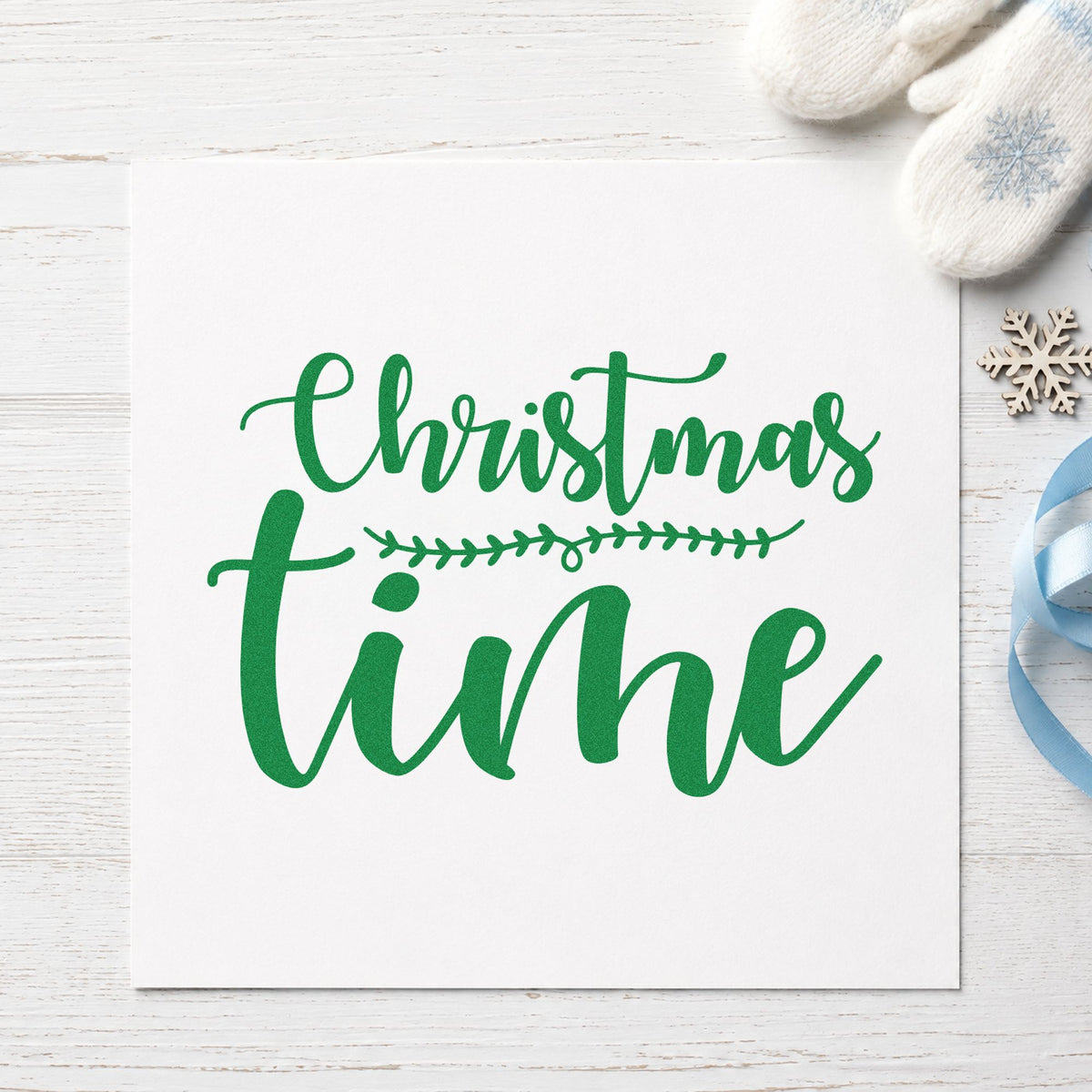Leaf-Divided Christmas Time Lettering Wood Handle Stamp in use 6