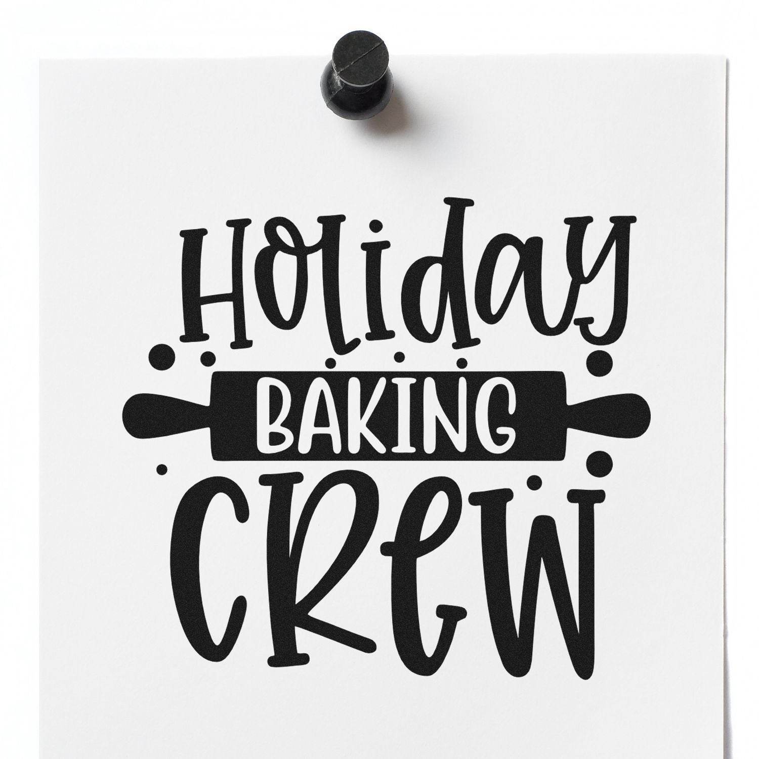 Holiday Baking Crew rubber stamp design with rolling pin, perfect for festive cookie packaging and baking labels.