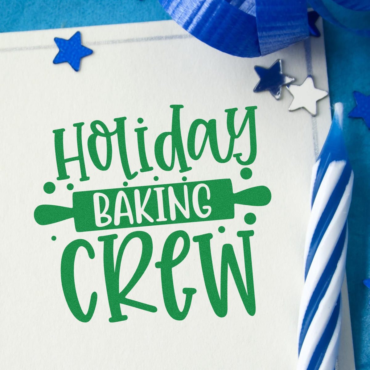 Holiday Baking Crew rubber stamp design with festive stars and rolling pin for Christmas baking projects.
