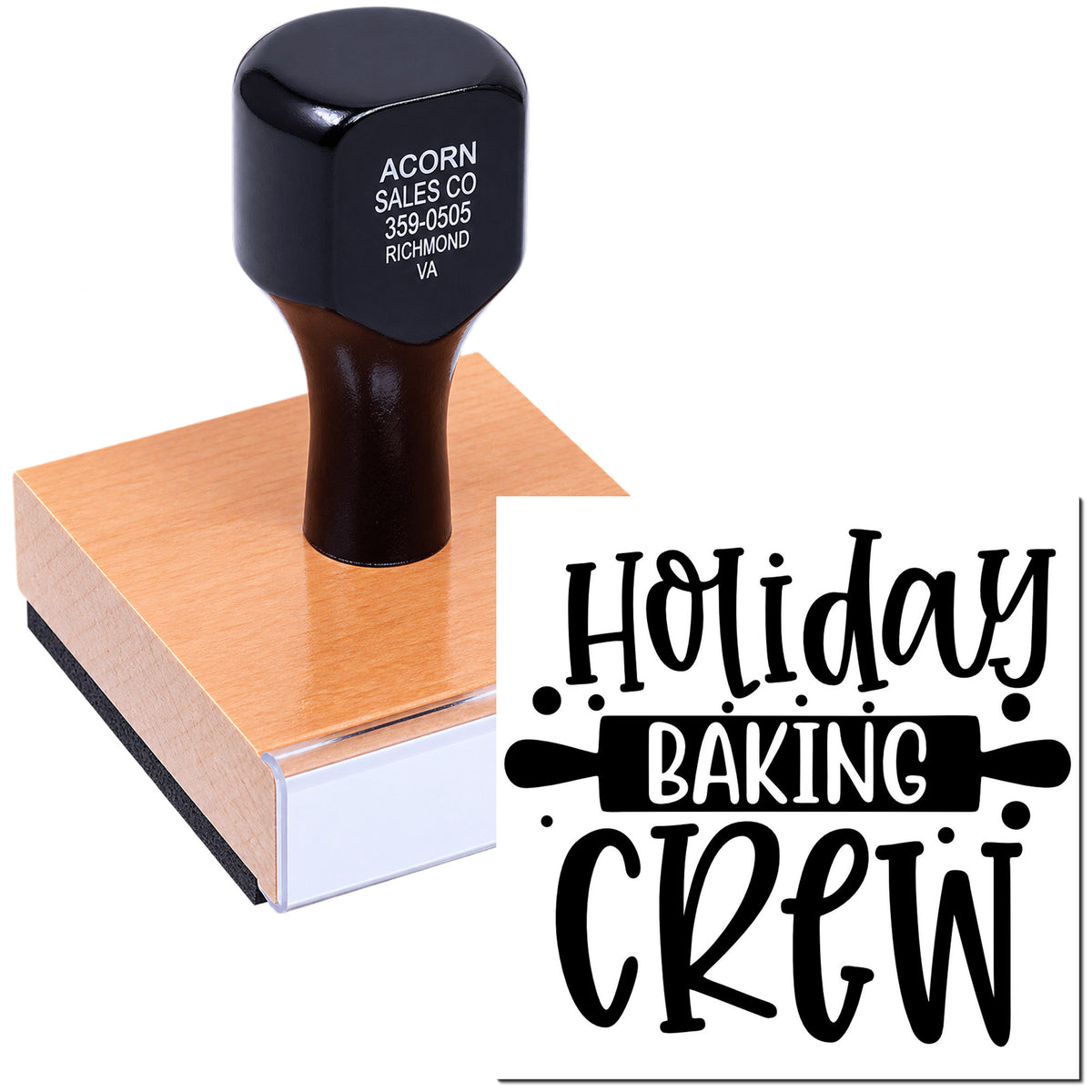 Custom holiday baking crew rubber stamp for festive baking labels, packaging, and seasonal craft projects.