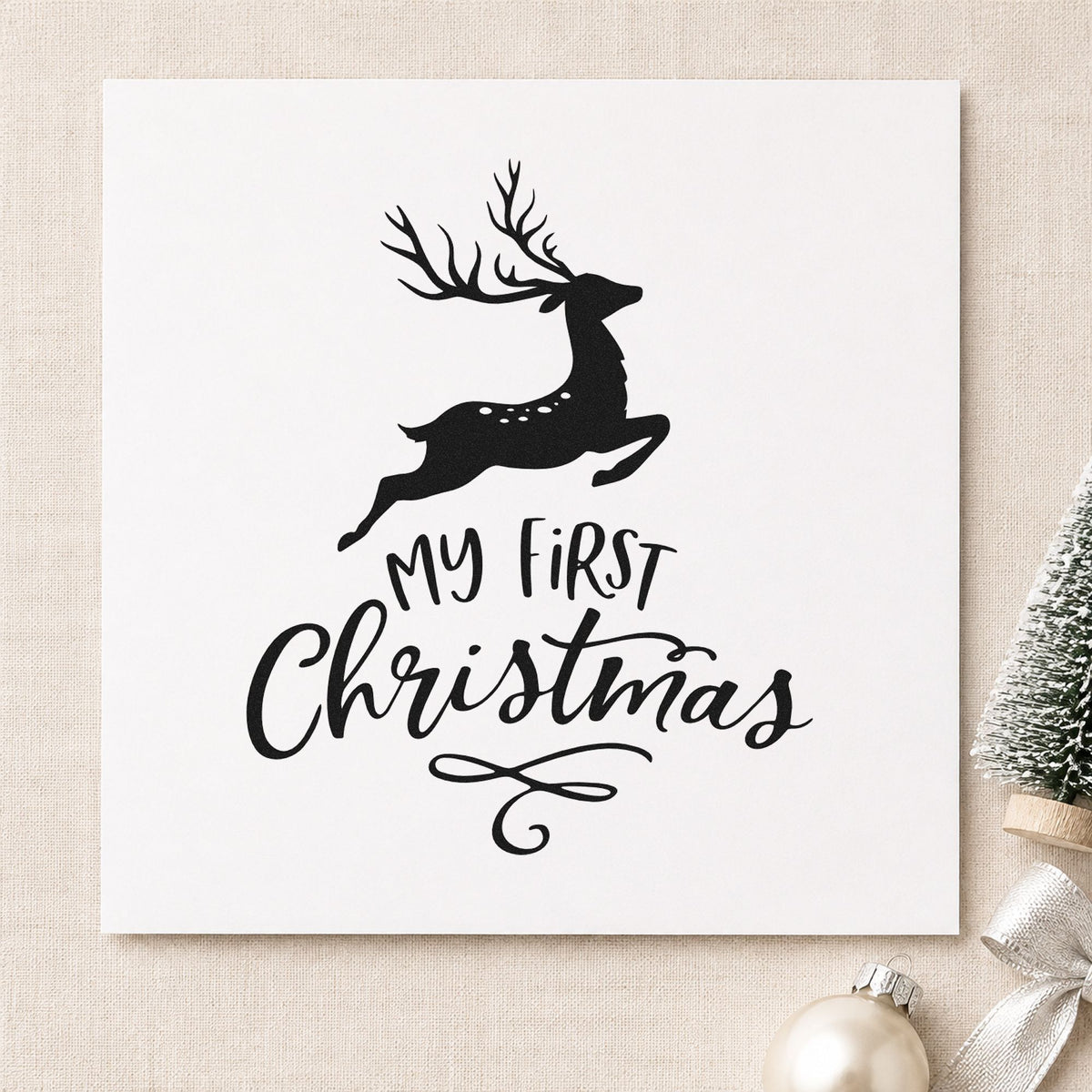 My First Christmas Reindeer rubber stamp printed in black ink, ready for leaping deer cards and similar paper crafts.