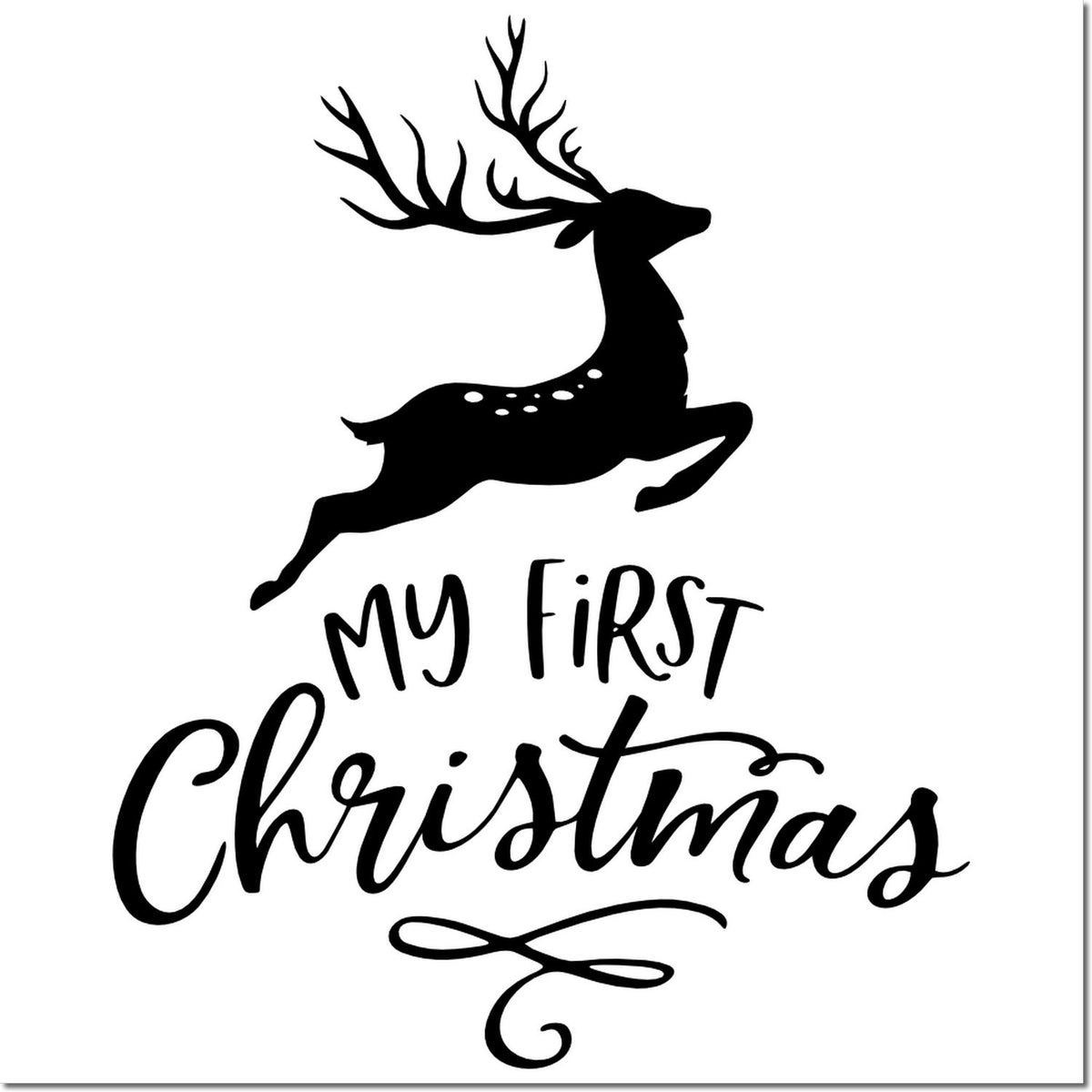 Christmas rubber stamp with leaping deer and My First Christmas text for holiday cards, crafts, and scrapbooking.