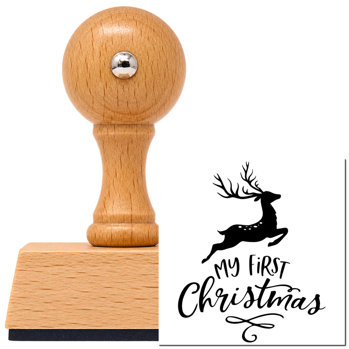 My First Christmas Reindeer Vintage Pro rubber stamp in European beech wood with a round knob handle, shown beside its black imprint.