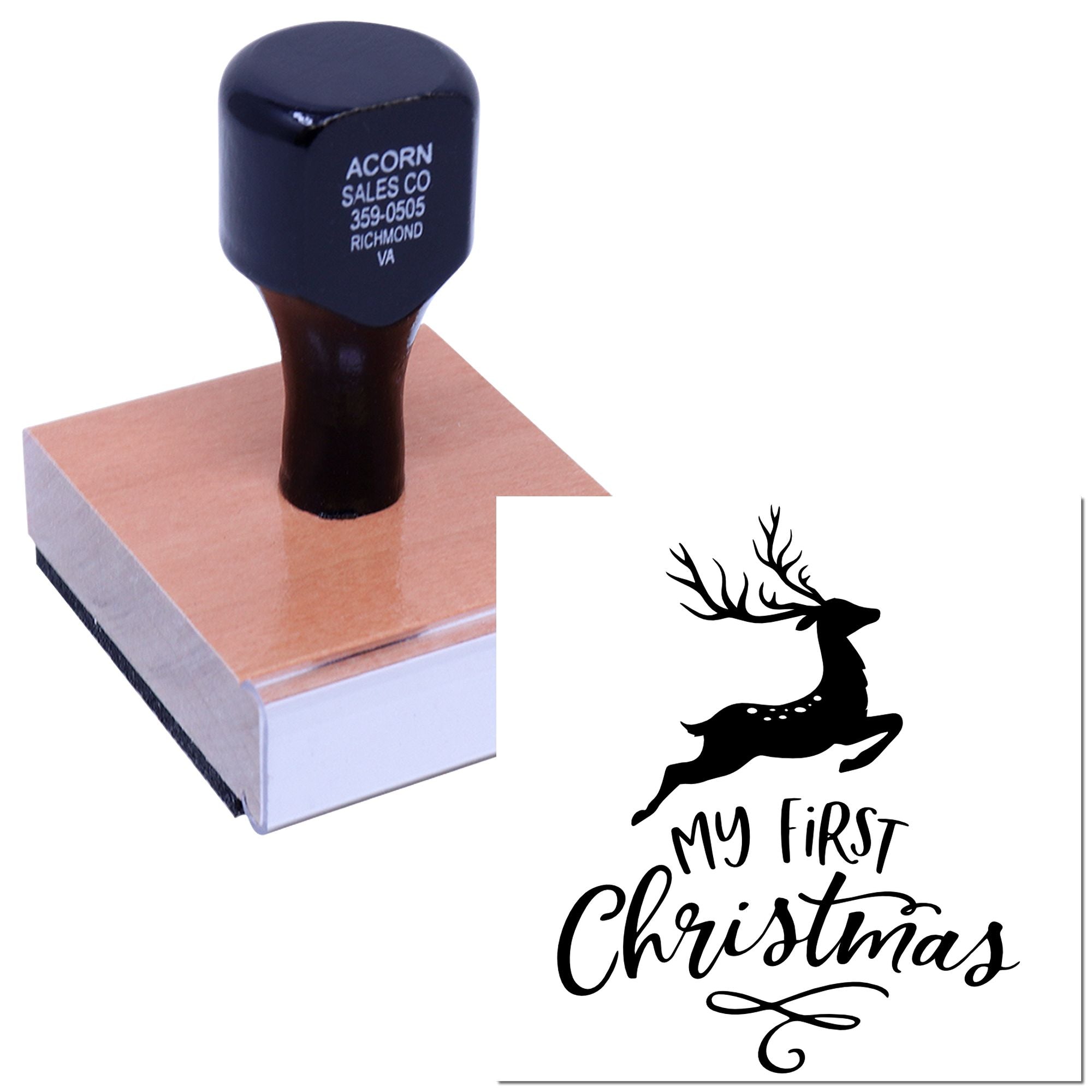 Personalized self-inking rubber stamp with My First Christmas deer design for holiday cards, gifts, and crafts.