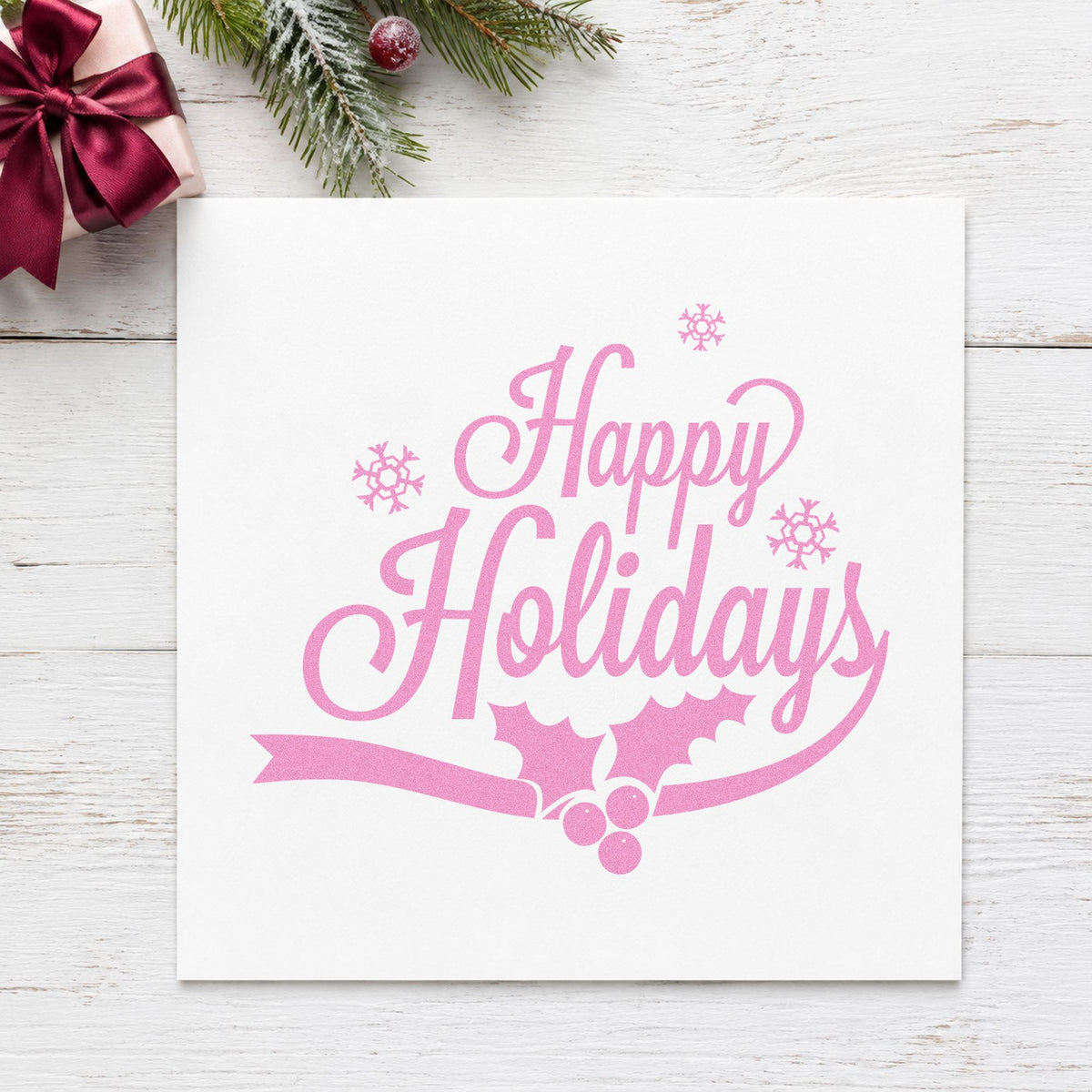 Wood Handle Happy Holidays Holly Ribbon Snowflakes Rubber Stamp in use 10