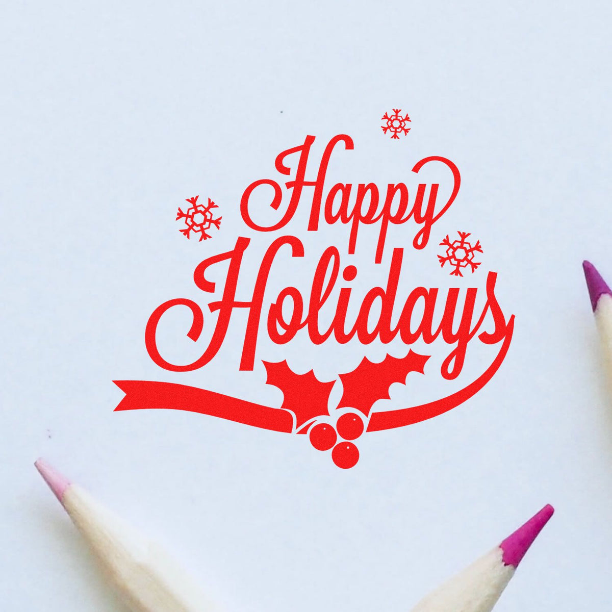 Happy Holidays rubber stamp design with snowflakes and holly for Christmas cards, scrapbooking, and festive crafts.