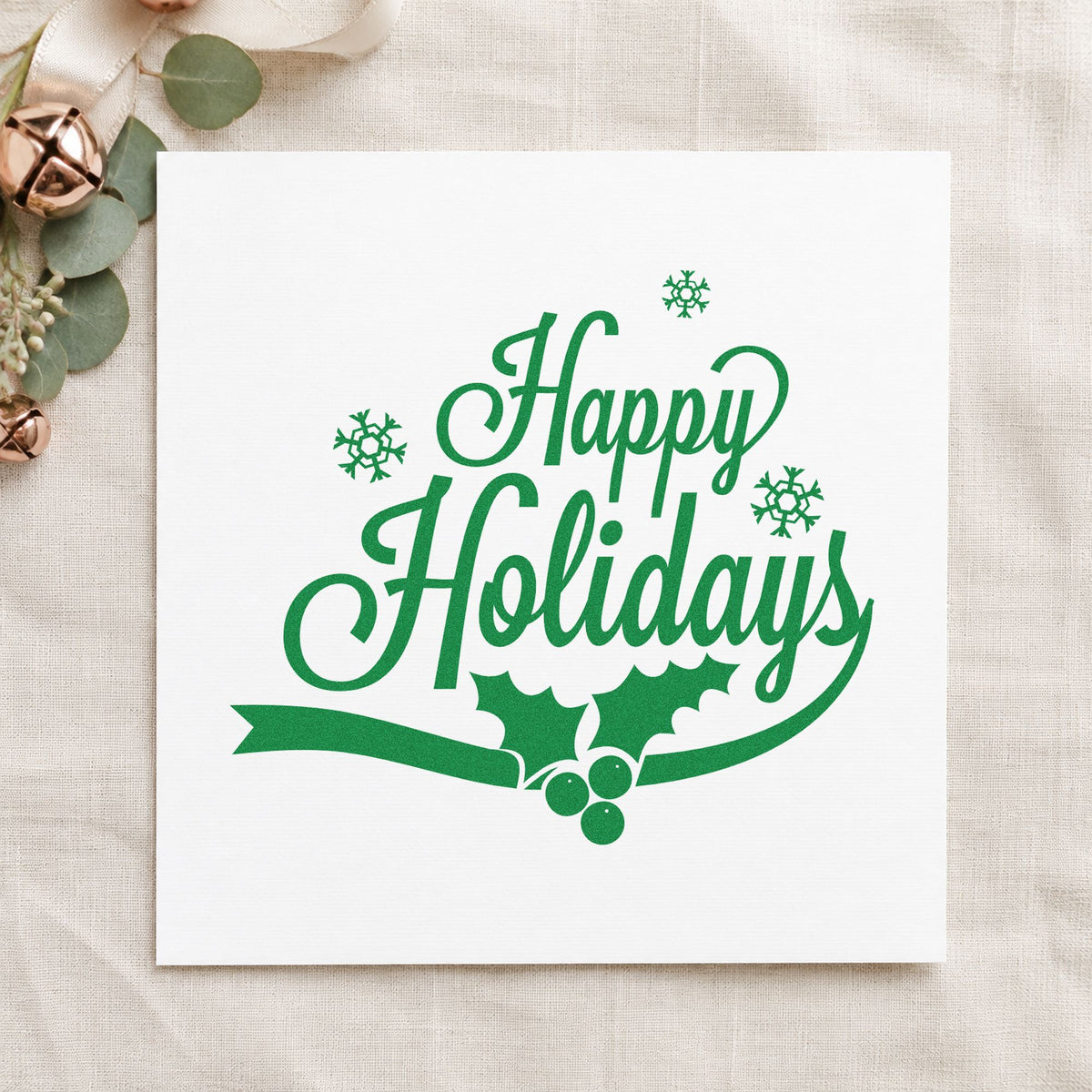 Wood Handle Happy Holidays Holly Ribbon Snowflakes Rubber Stamp in use 3