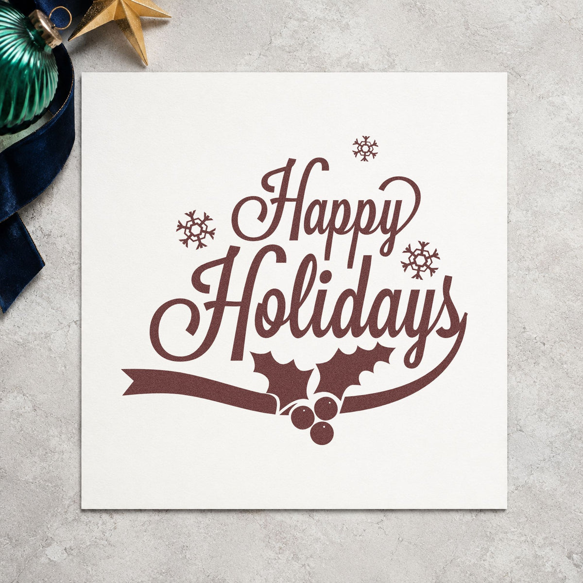 Wood Handle Happy Holidays Holly Ribbon Snowflakes Rubber Stamp in use 4