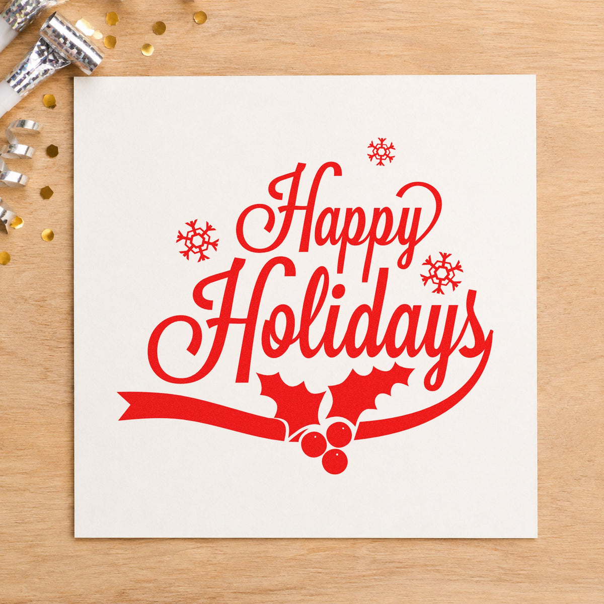 Wood Handle Happy Holidays Holly Ribbon Snowflakes Rubber Stamp in use 5