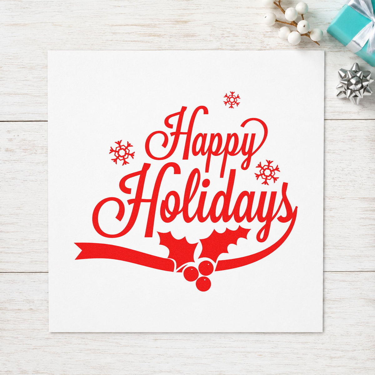 Wood Handle Happy Holidays Holly Ribbon Snowflakes Rubber Stamp in use 7