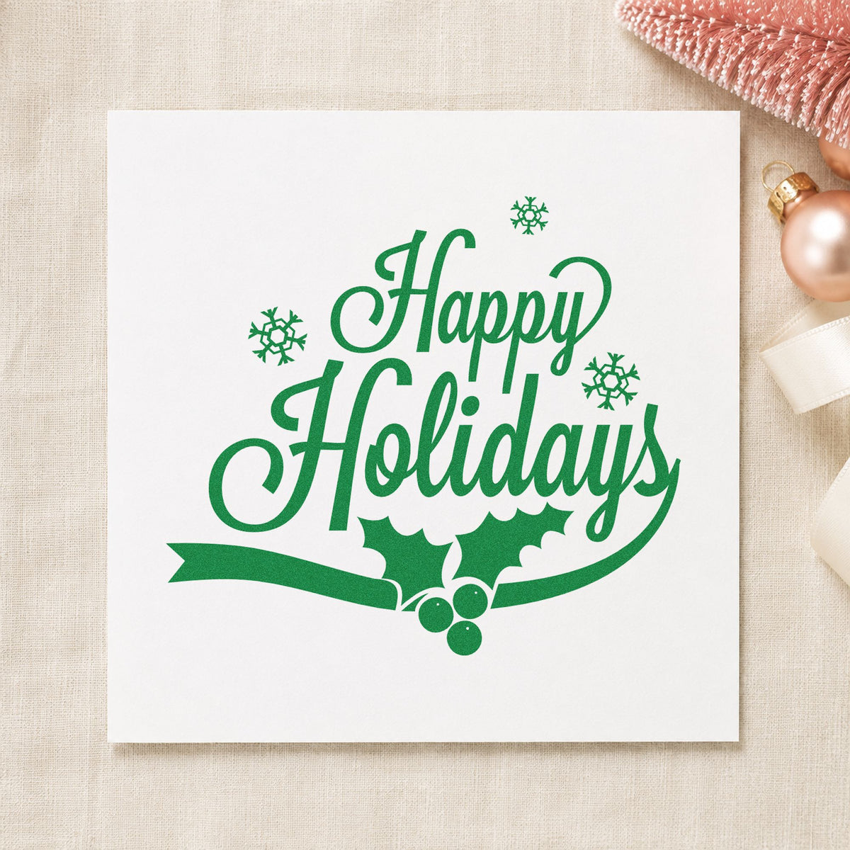 Wood Handle Happy Holidays Holly Ribbon Snowflakes Rubber Stamp in use 8