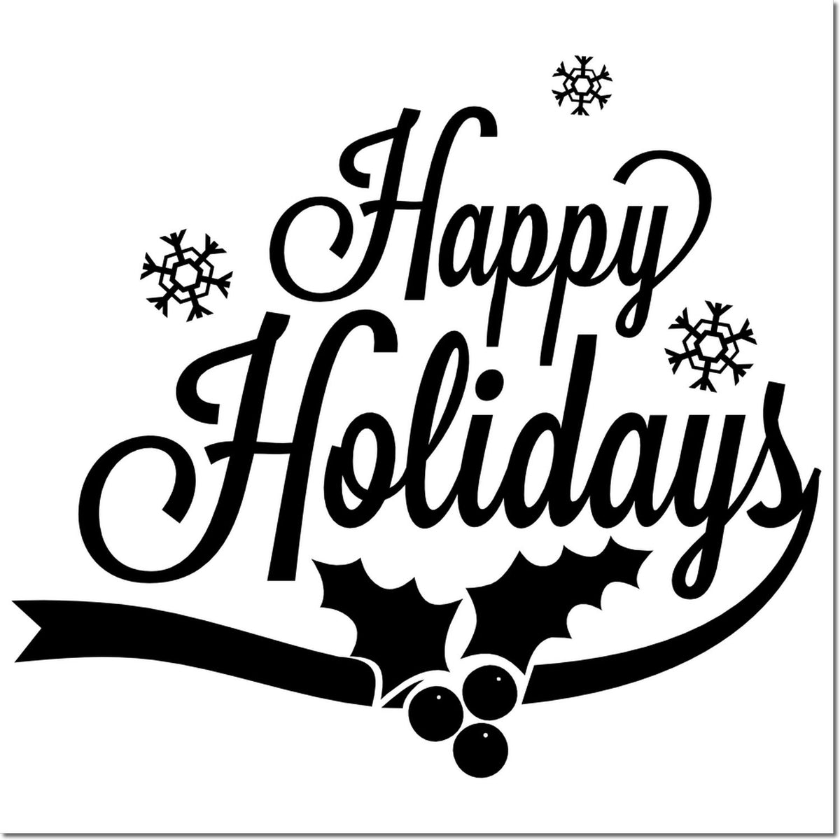 Happy Holidays rubber stamp design with snowflakes, holly, and ribbon for festive Christmas cards and winter crafts.