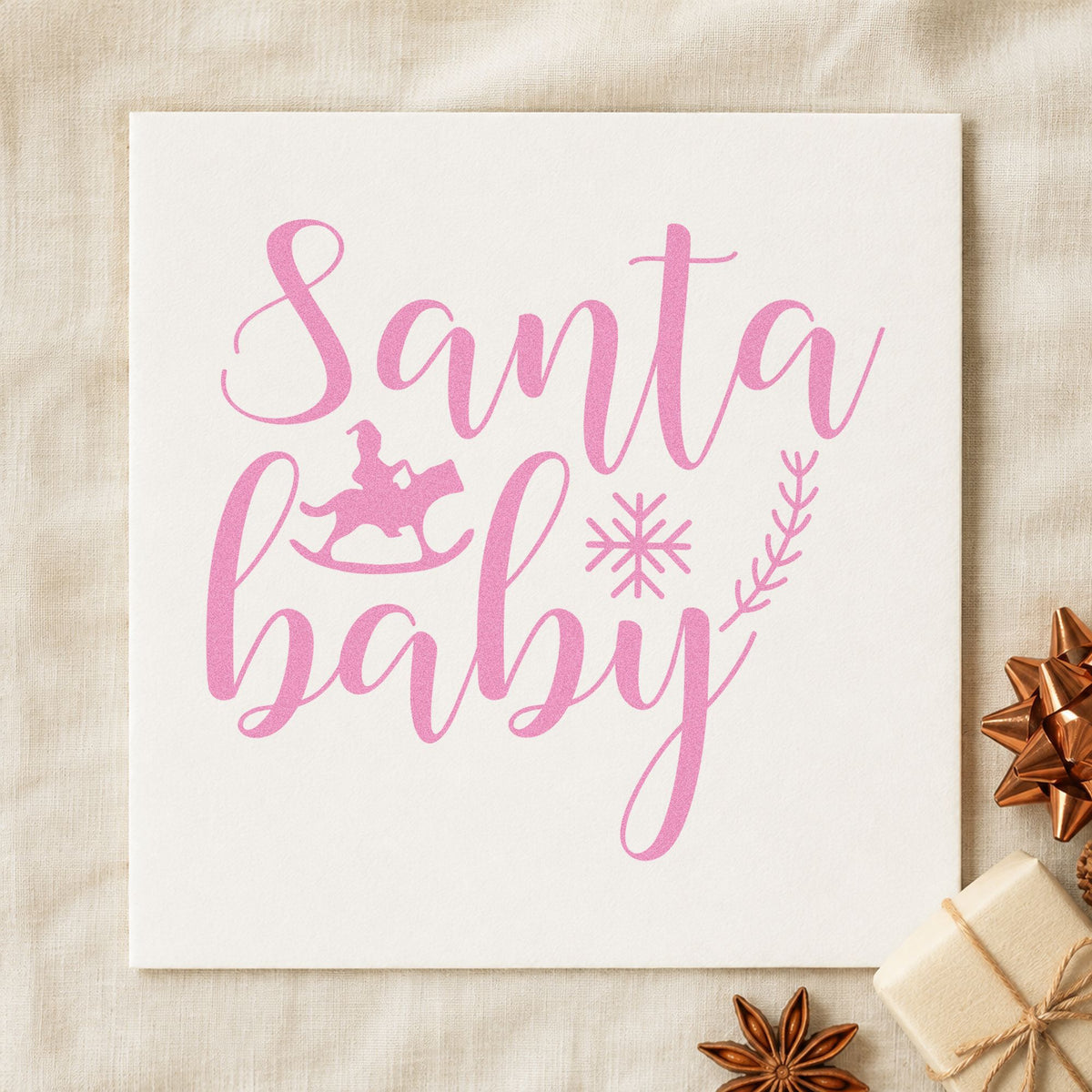 Santa Baby Rocking Horse craft stamp in purple ink on cardstock, an easy option for shelf display album.