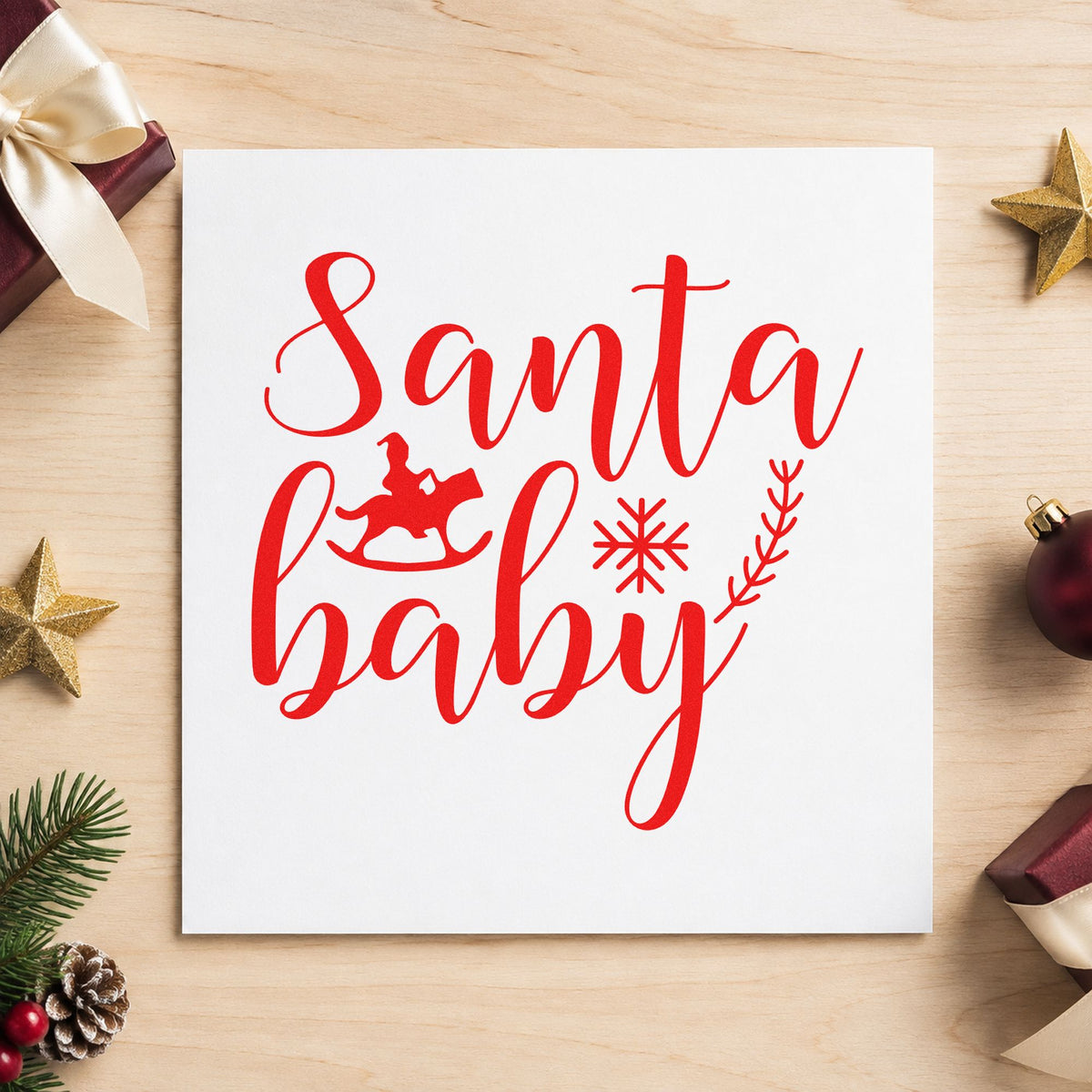 Santa Baby Rocking Horse craft stamp in red ink on cardstock, an easy option for quilt corner printing.