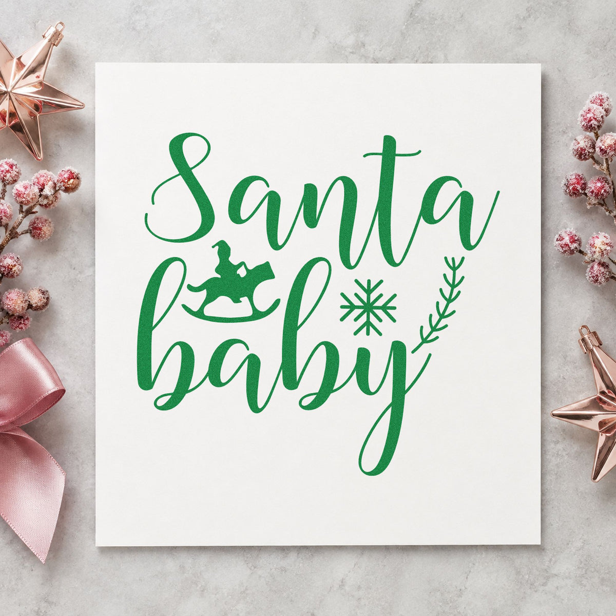 Santa Baby Rocking Horse craft stamp imprint in green ink on a handmade project, one idea being shower game cards.
