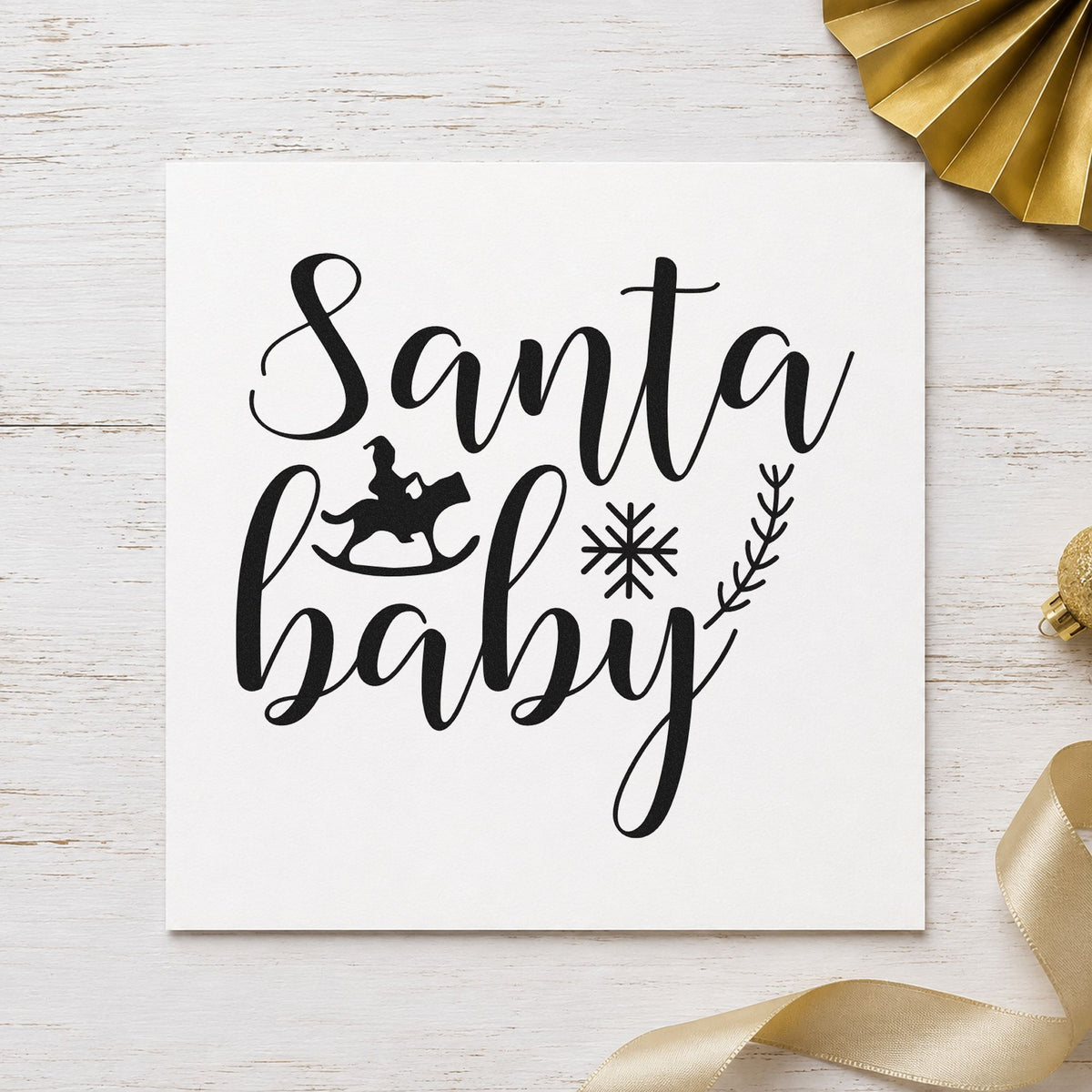 Santa Baby Rocking Horse rubber stamp printed in black ink, ready for rocking horse cards and similar paper crafts.