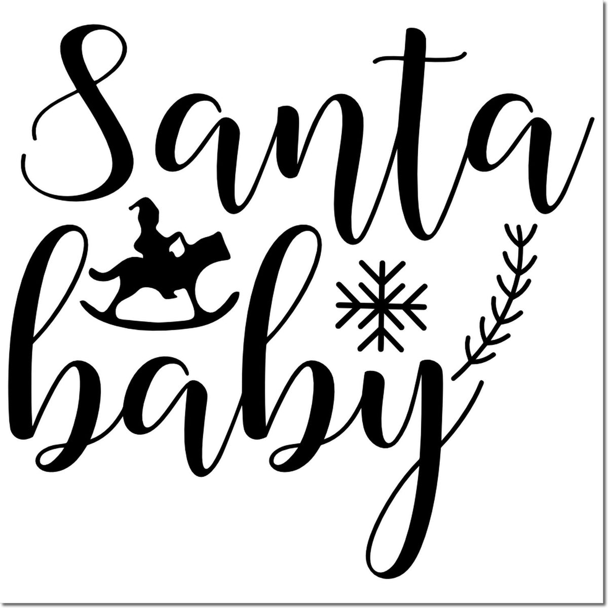 Santa Baby holiday rubber stamp design with snowflake, rocking horse and festive botanical accents