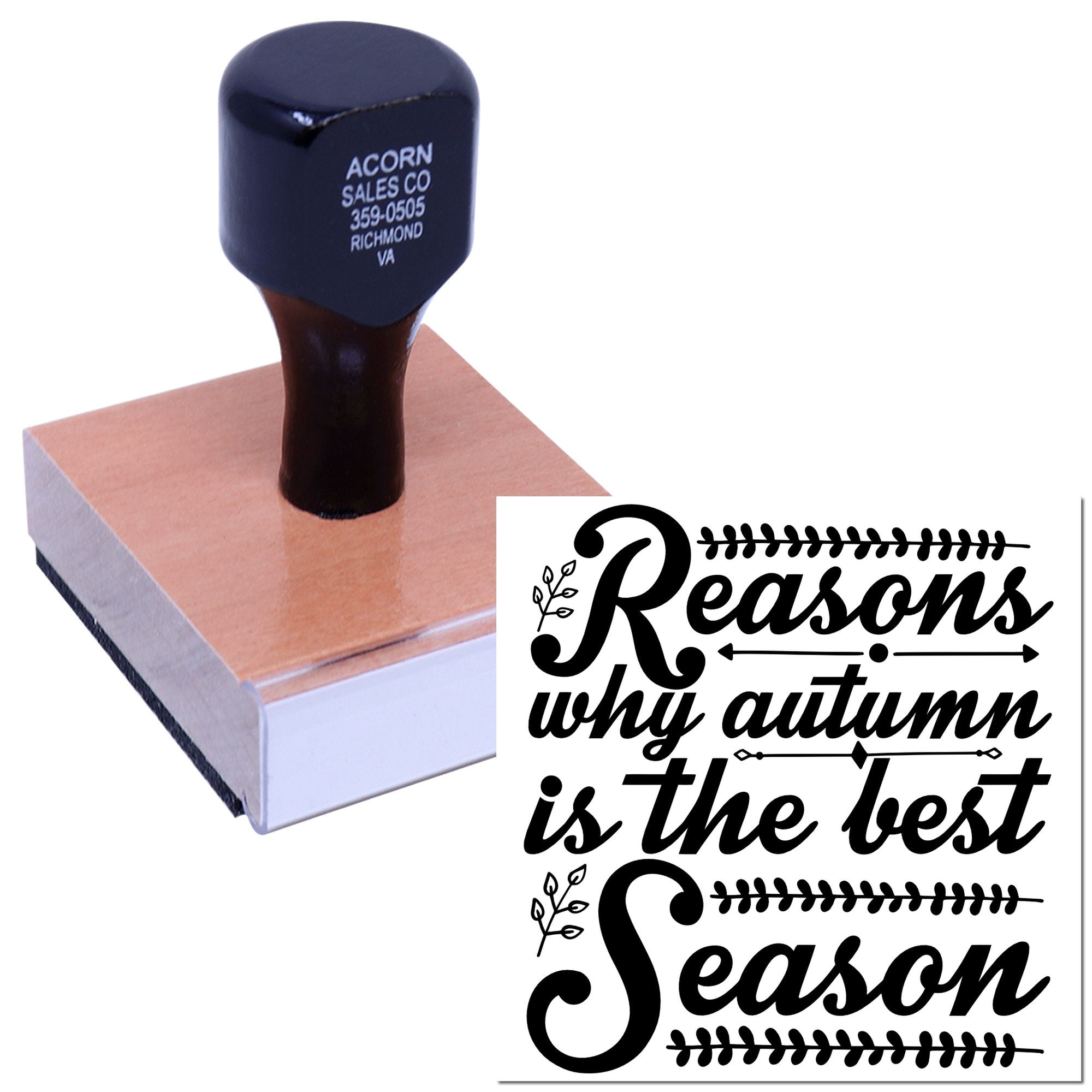 Custom wood-mounted rubber stamp featuring Reasons why autumn is the best season quote for fall crafts and stationery.