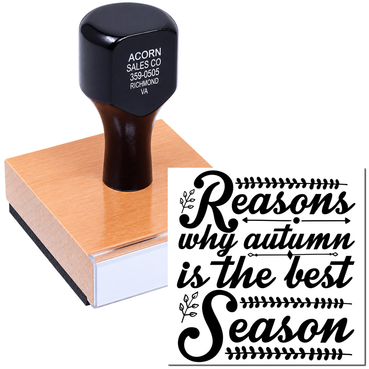 Custom wood-mounted rubber stamp featuring Reasons why autumn is the best season quote for fall crafts and stationery.