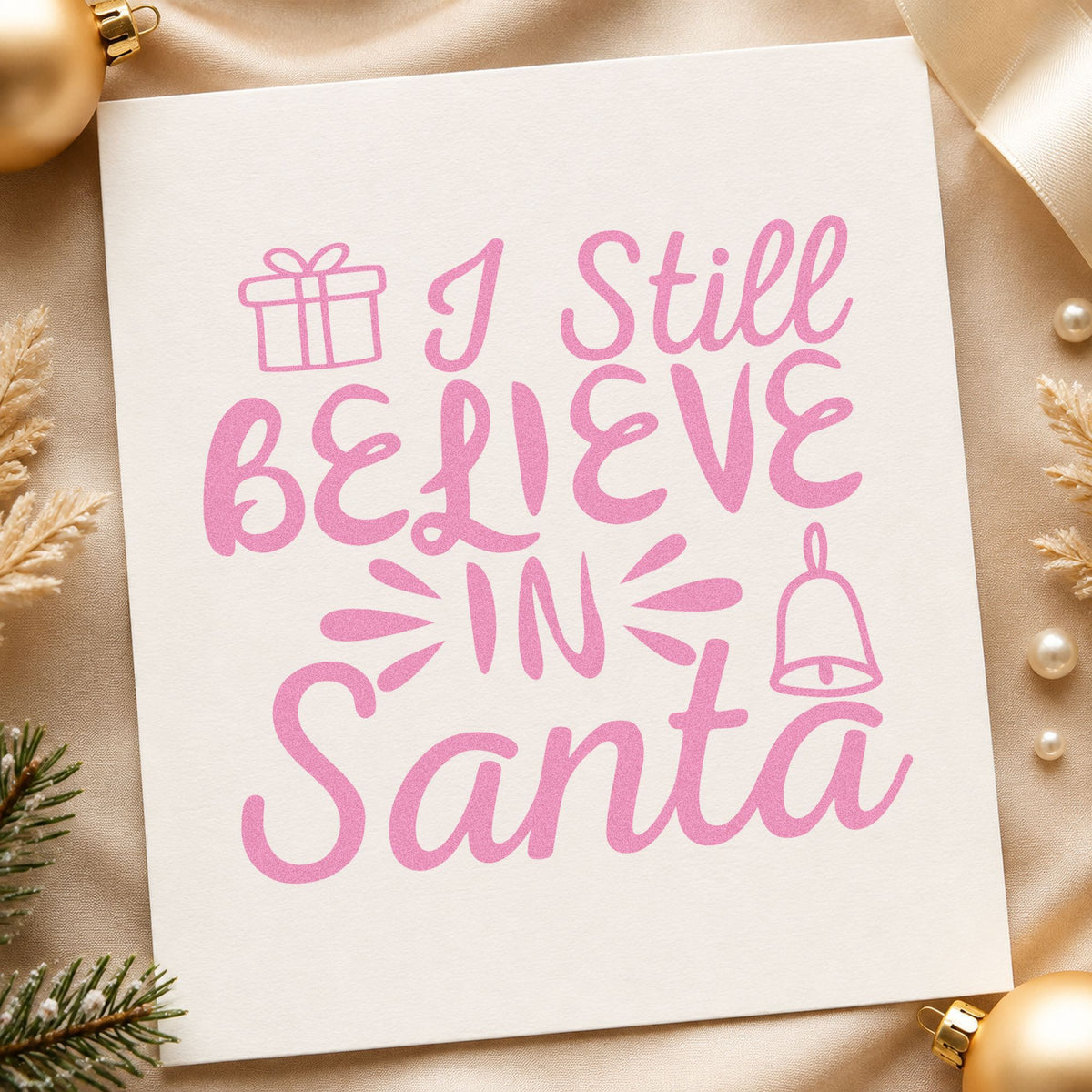 I Still Believe In Santa craft stamp in purple ink on cardstock, an easy option for childhood album page.