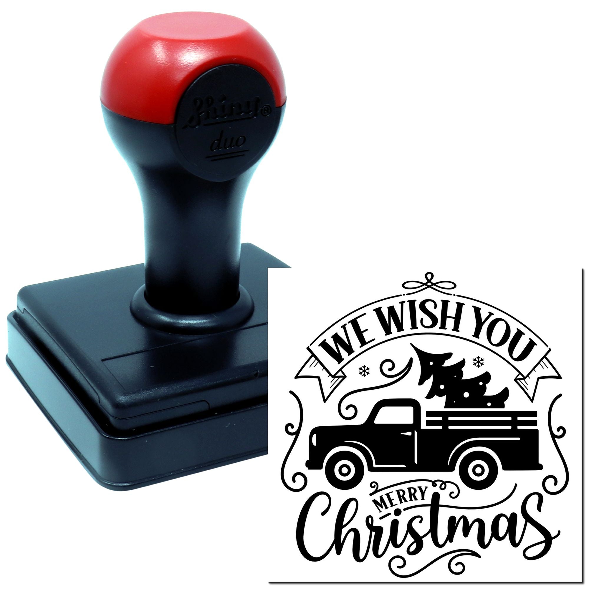 Self-inking Christmas rubber stamp with pickup truck and tree, featuring a custom We Wish You Merry Christmas greeting design.