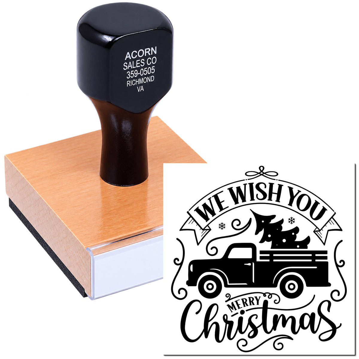 Custom Christmas rubber stamp with pickup truck and tree design for holiday cards, crafts, and festive packaging