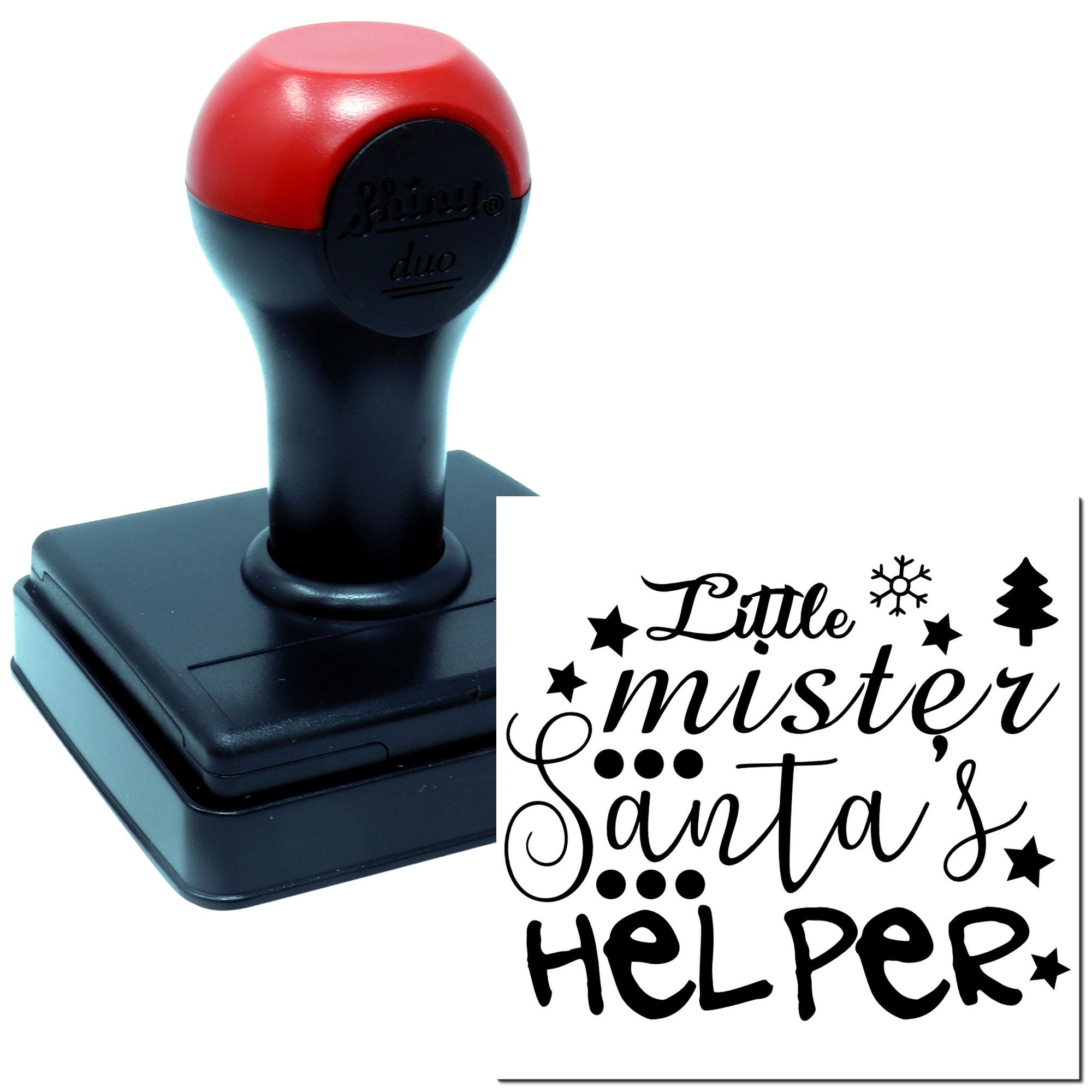 Self-inking rubber stamp with Little mister, Santas helper Christmas design for cards, gifts, and holiday crafts.