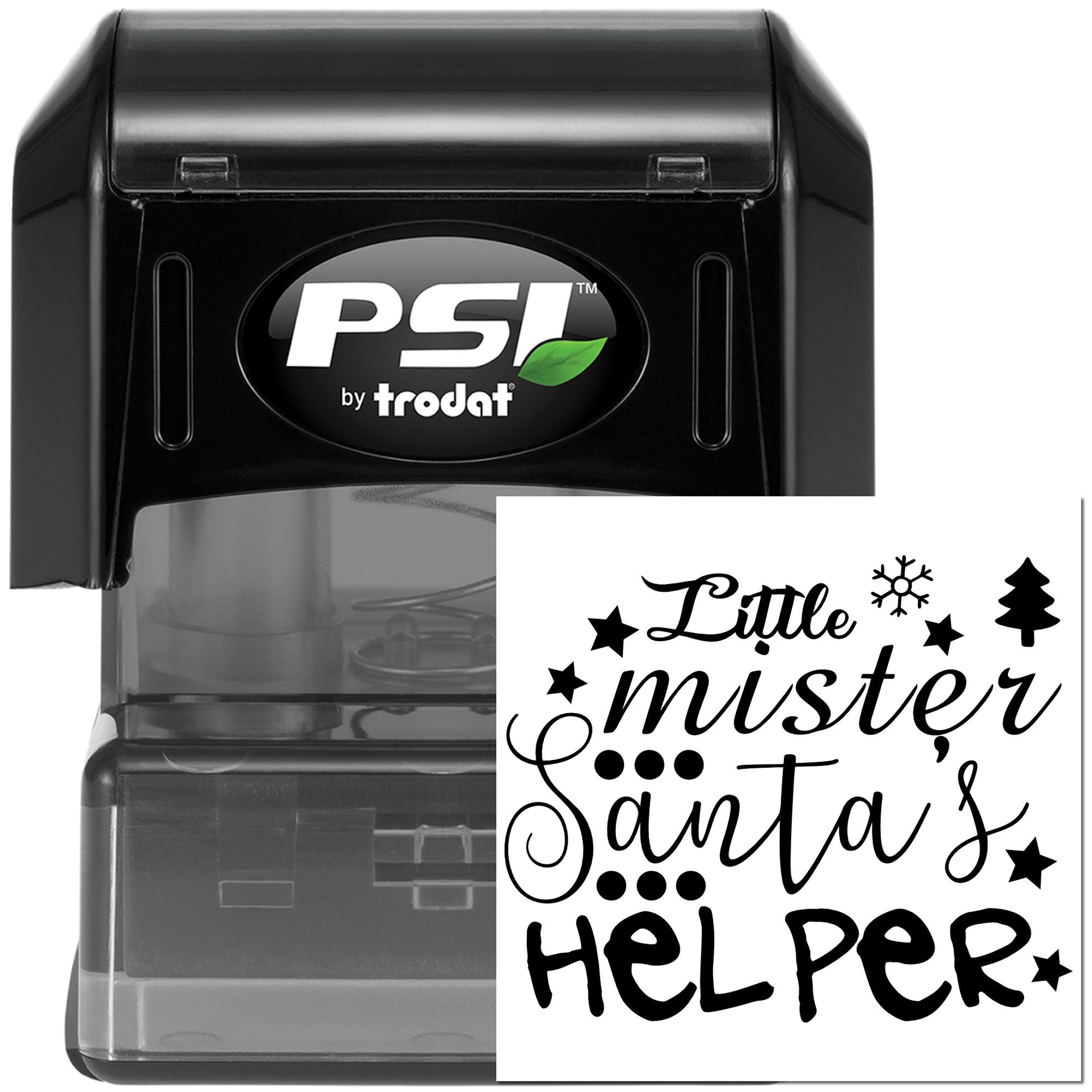 PSI by Trodat self-inking rubber stamp with Little Mister Santas Helper design for Christmas cards and holiday gift tags.