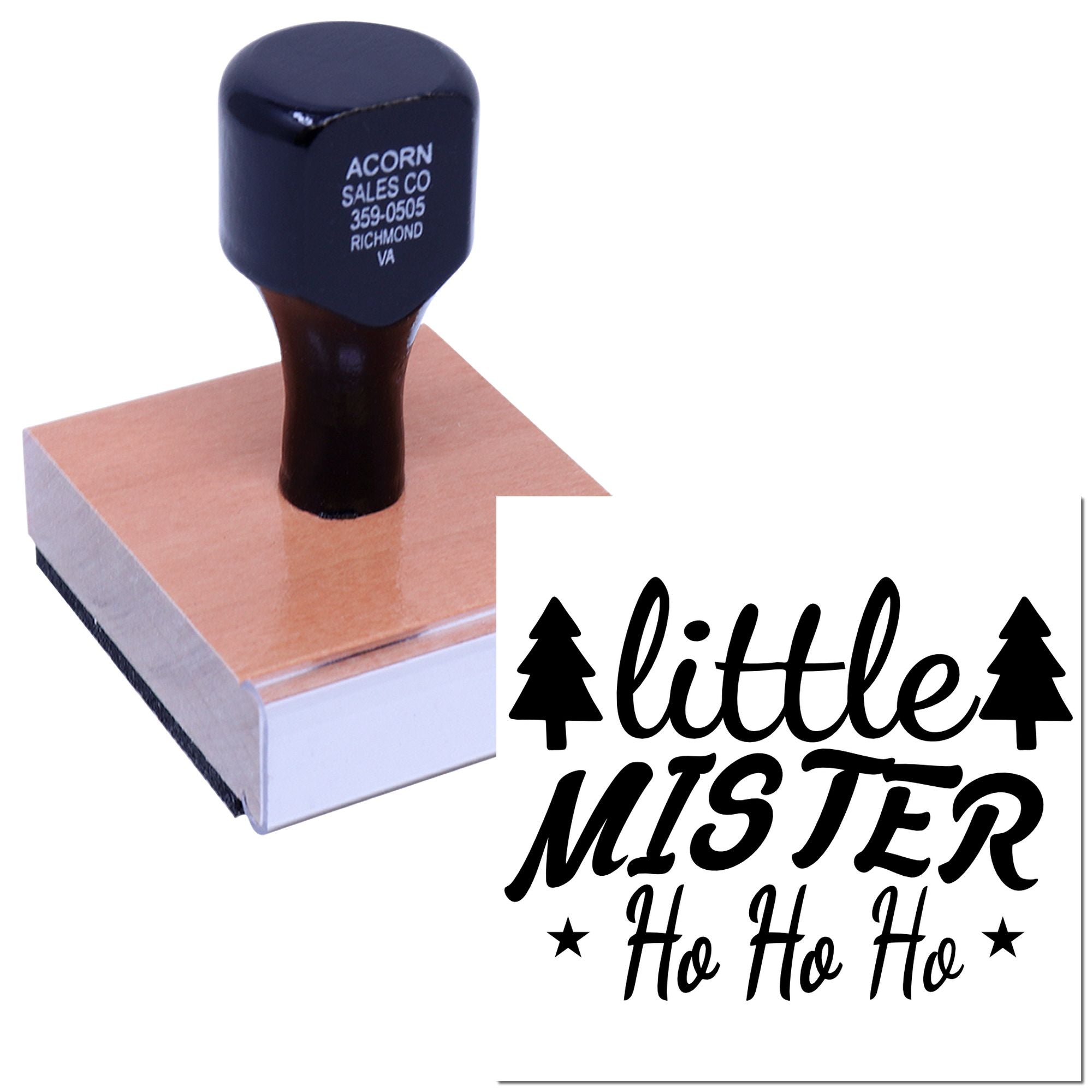 Custom rubber stamp with Little Mister Ho Ho Ho holiday design and pine trees for festive gift wrapping