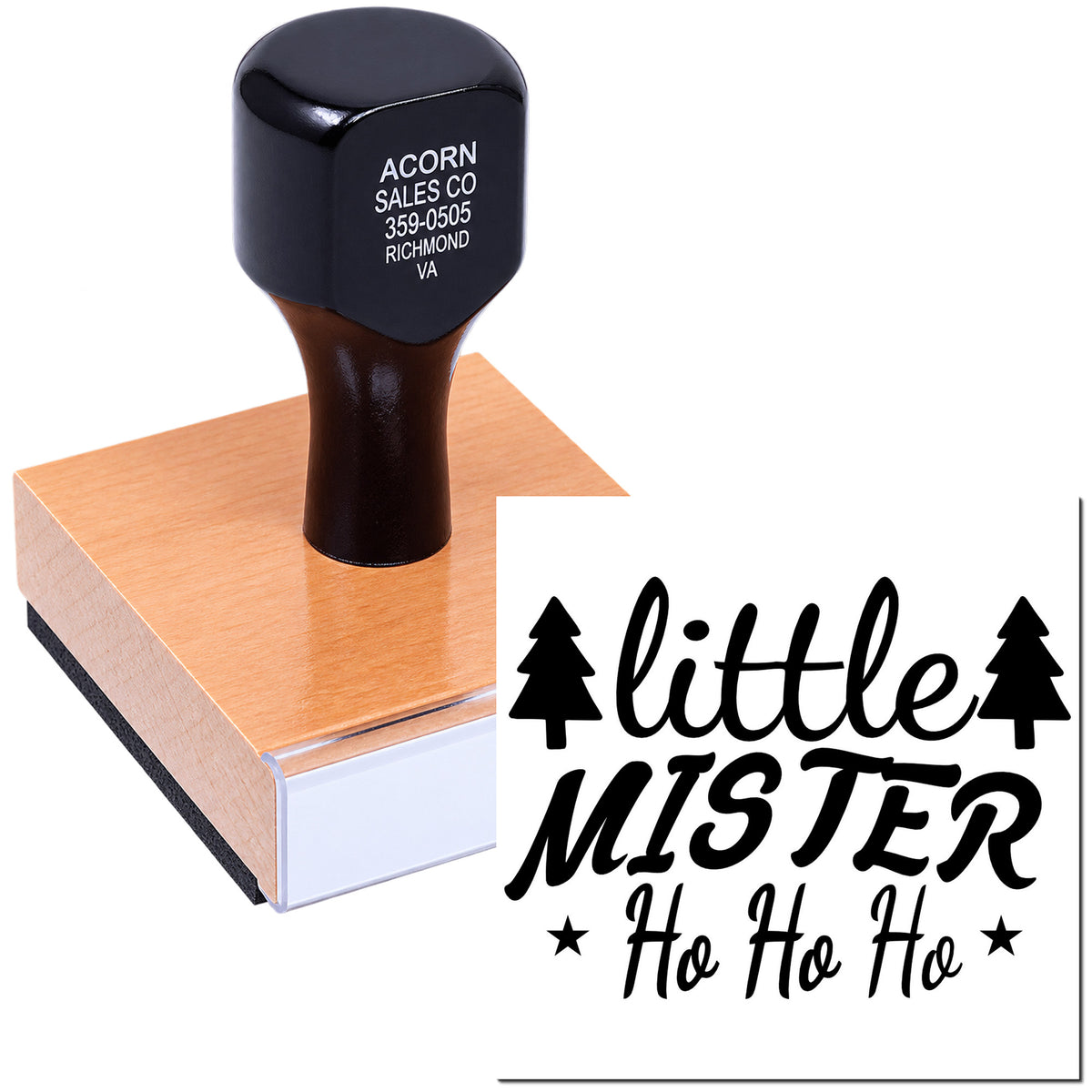 Custom rubber stamp with Little Mister Ho Ho Ho holiday design and pine trees for festive gift wrapping