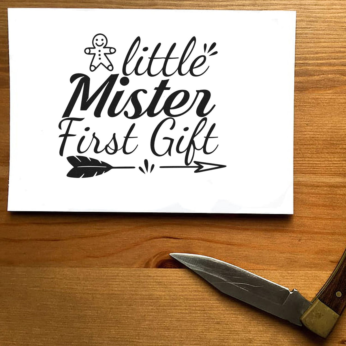 Little Mister First Gift rubber stamp design with gingerbread boy icon, ideal for baby shower and newborn gift tags.