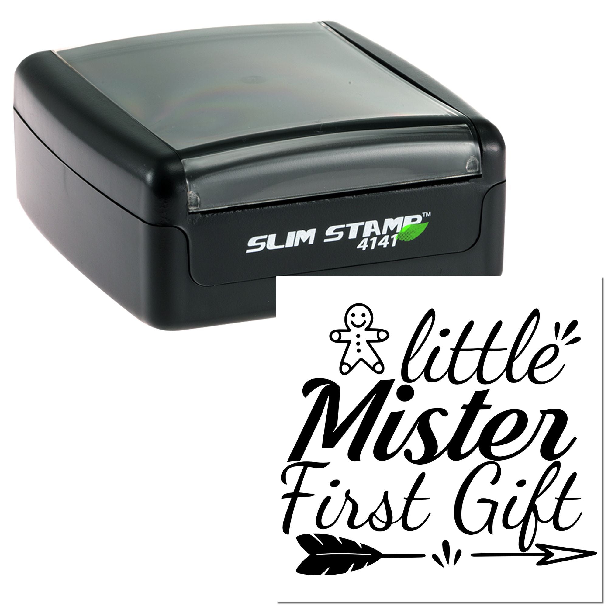 Custom self-inking rubber stamp with Little Mister First Gift design for baby gifts, keepsakes, and packaging.