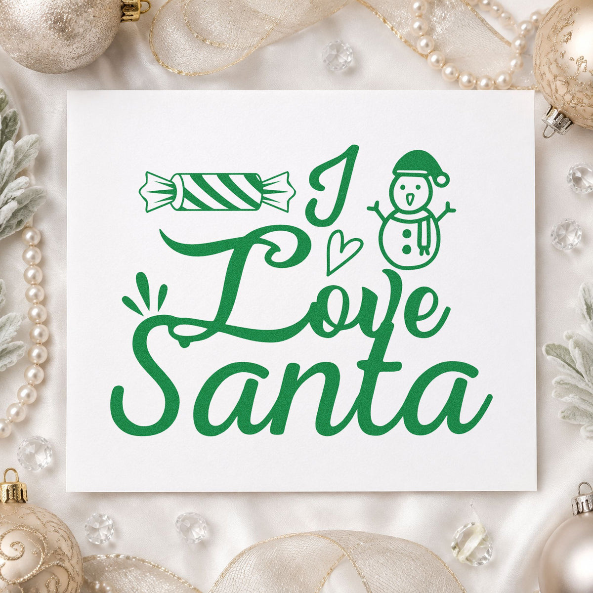I Love Santa Candy craft stamp imprint in green ink on a handmade project, one idea being candy bag gift tags.