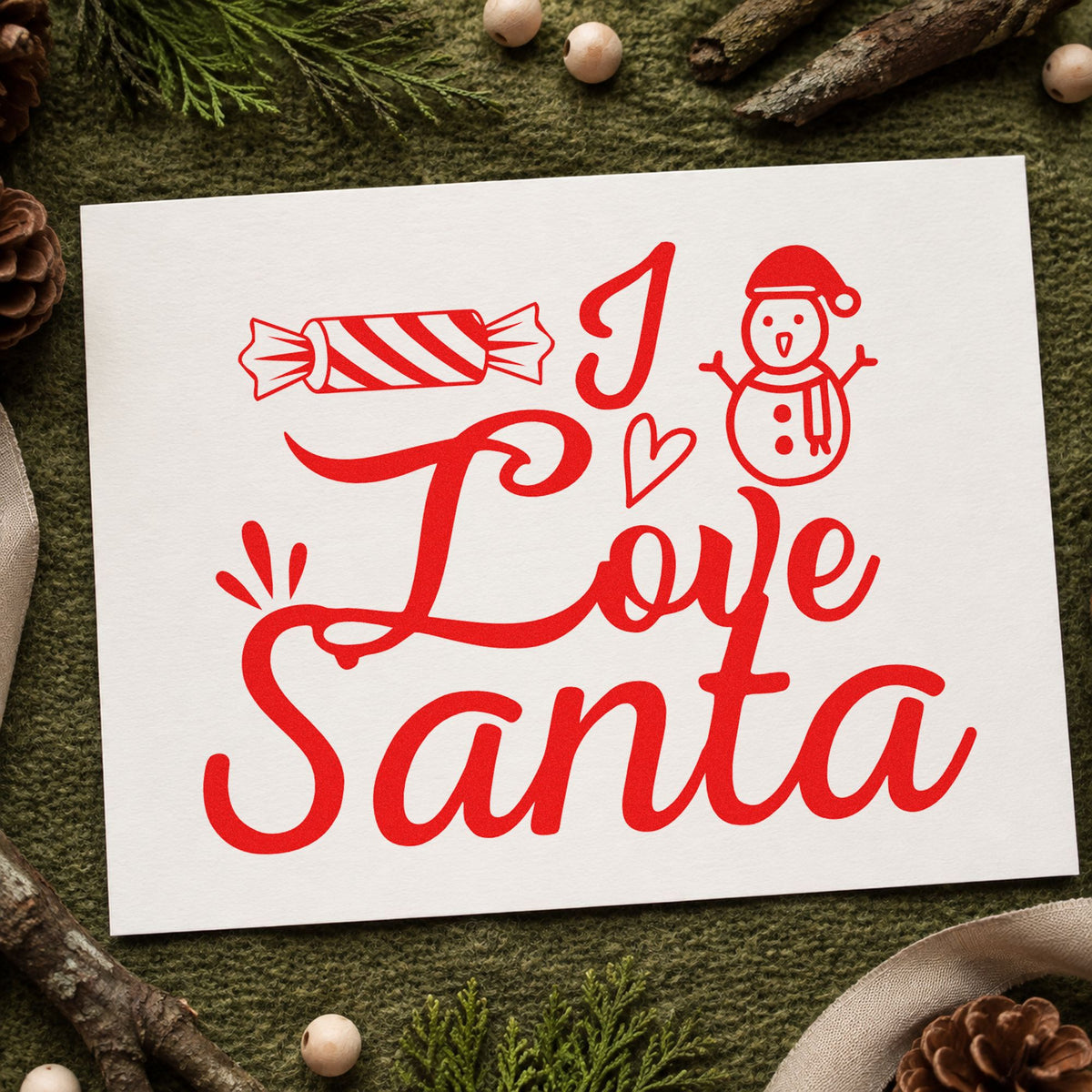 I Love Santa Candy rubber stamp shown in red ink, stamped for projects such as jar scoop labels.