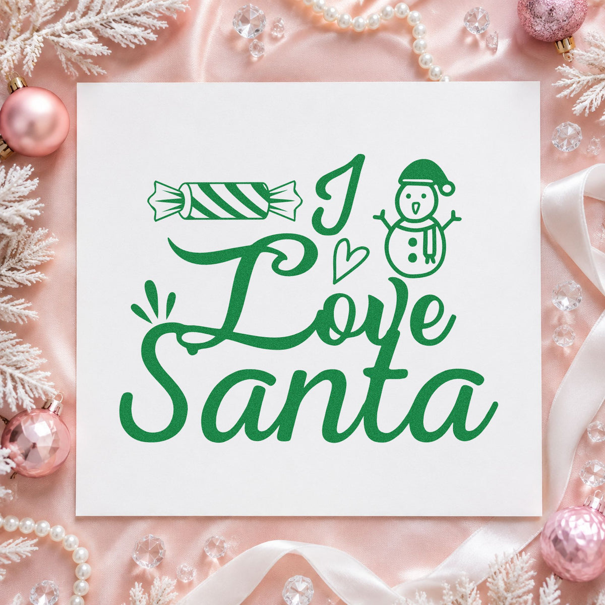 I Love Santa Candy craft stamp imprint in green ink on a handmade project, one idea being party game cards.