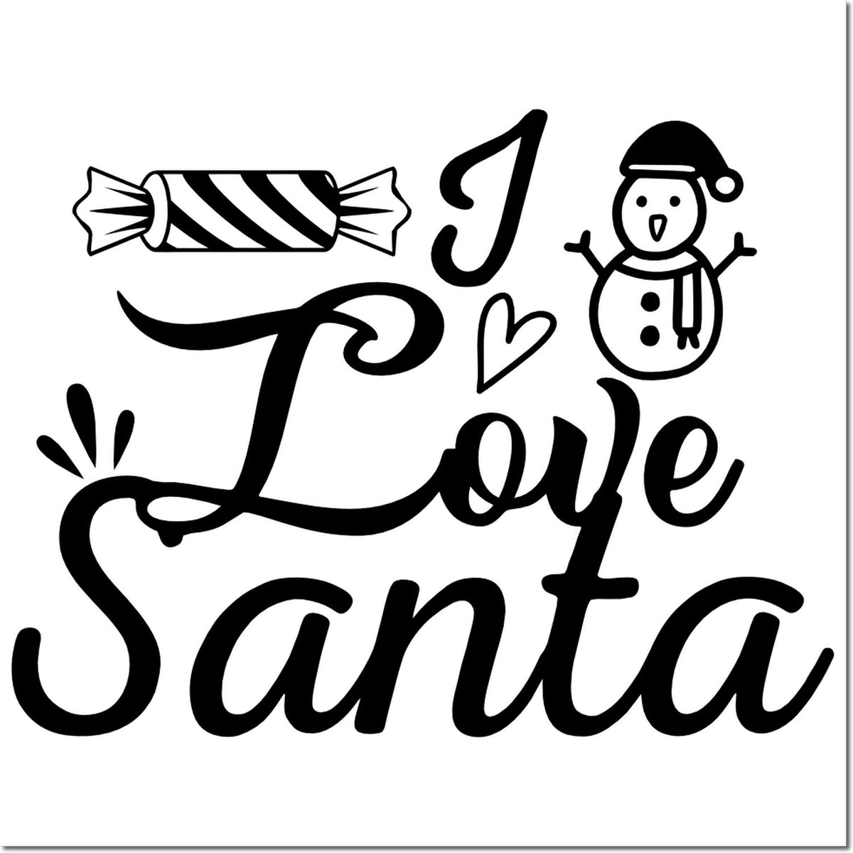 I Love Santa rubber stamp design with candy, heart, and snowman for Christmas crafts, cards, and holiday decorating.