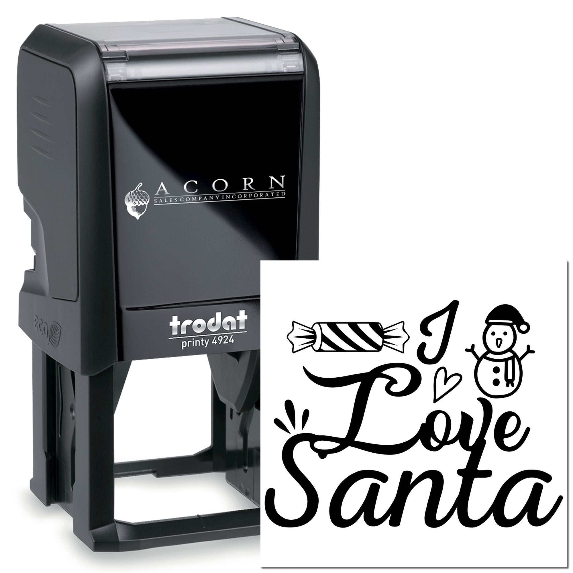 Custom self-inking rubber stamp, Trodat Printy 4924, with I Love Santa Christmas design for holiday cards and crafts.
