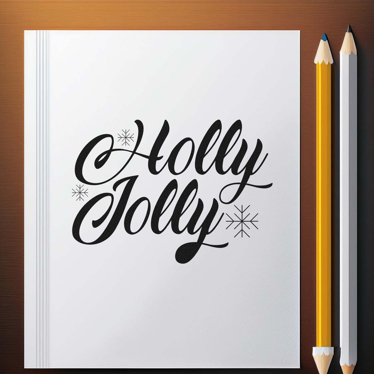 Holly Jolly script rubber stamp design with snowflakes for Christmas cards, DIY crafts, and festive holiday stationery.