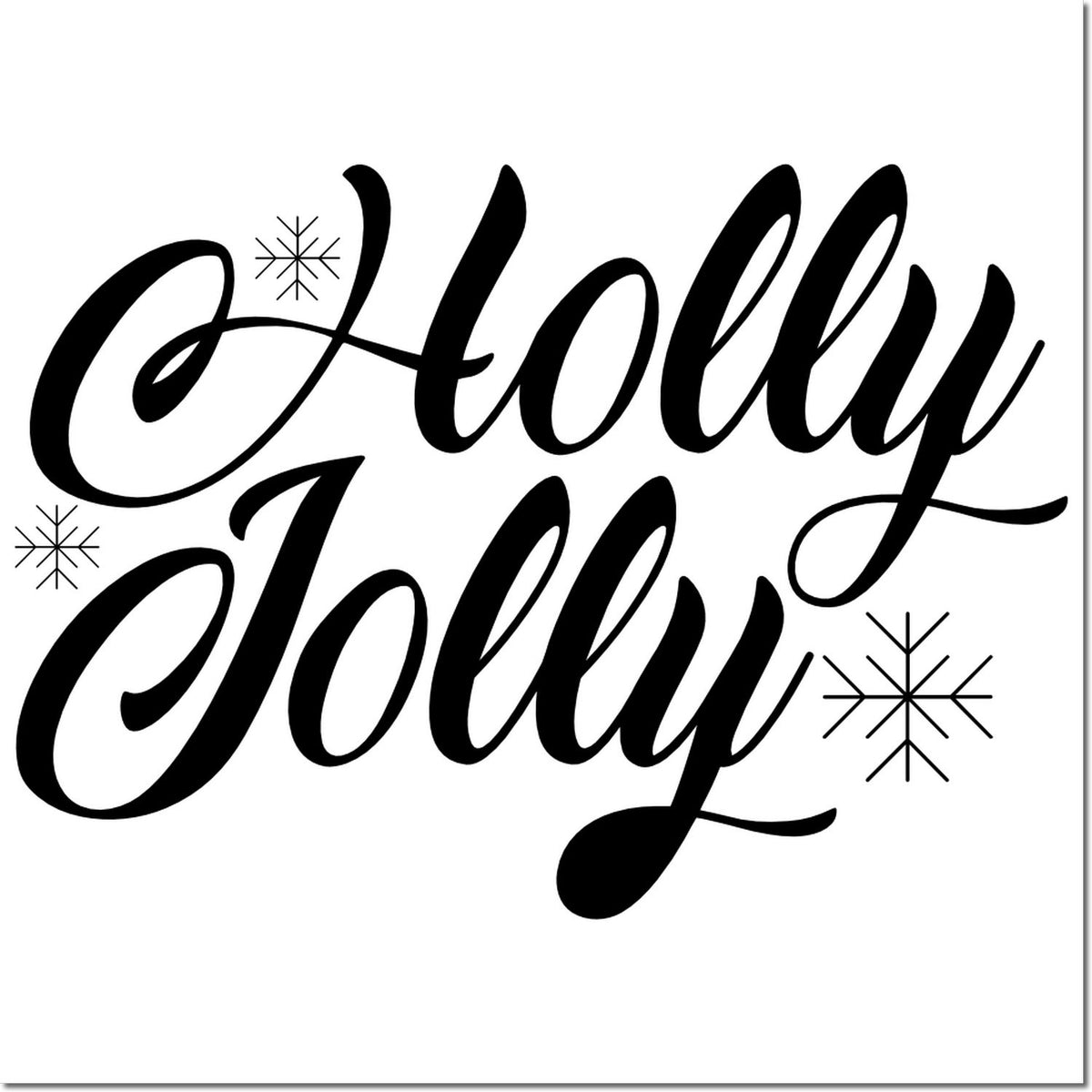 Holly Jolly Christmas rubber stamp design with festive script lettering and snowflake accents for holiday cards and crafts.
