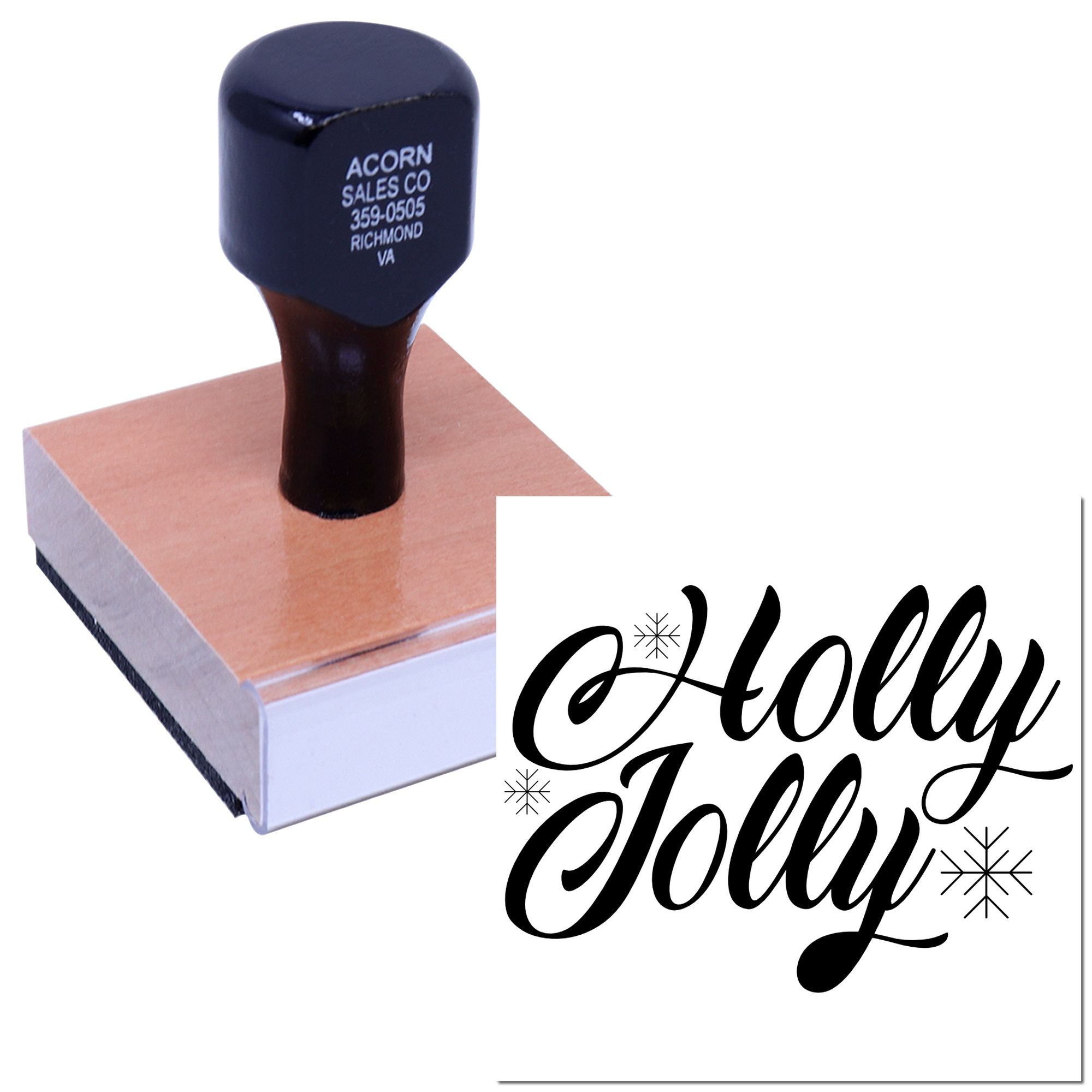 Custom rubber stamp with Holly Jolly holiday design for festive cards, crafts, and seasonal packaging.