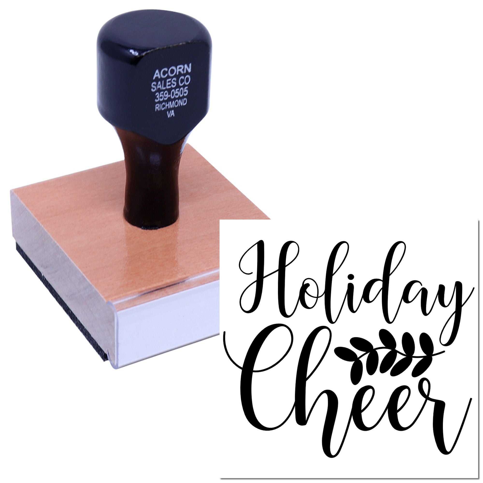 Custom Holiday Cheer rubber stamp with script lettering and leaf design on a wooden mount for festive card making.
