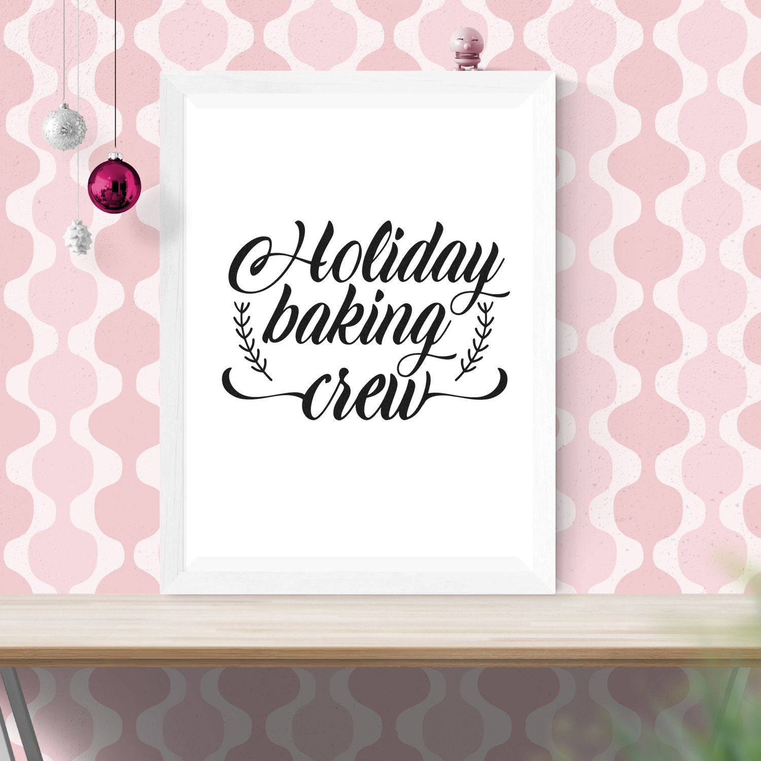 Holiday Baking Crew rubber stamp mockup in framed display with festive pink Christmas decor.