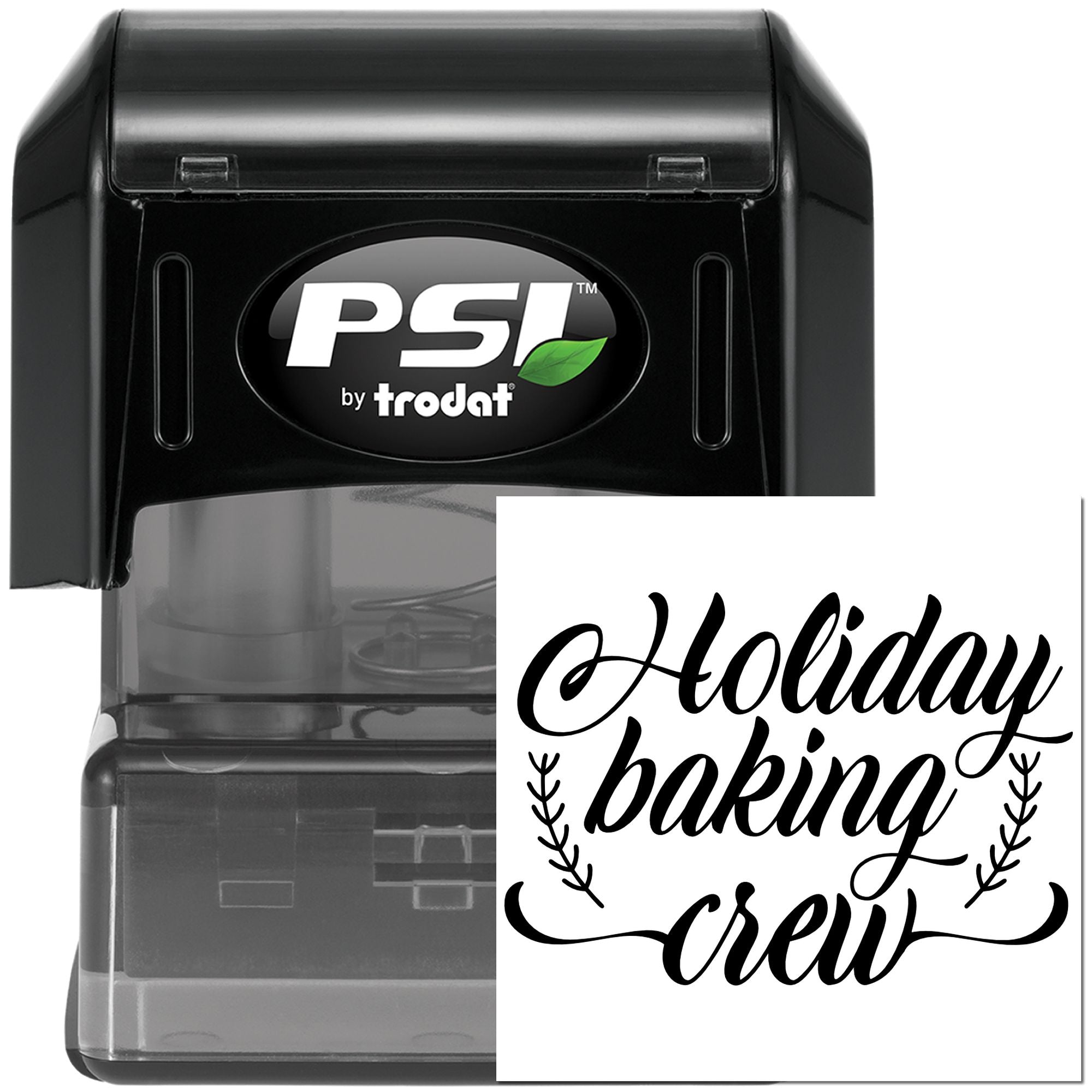 PSI by Trodat self-inking rubber stamp with custom Holiday Baking Crew design for festive baking gifts and packaging.