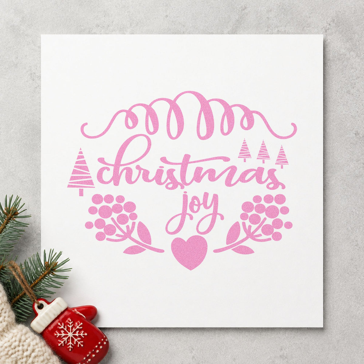 Christmas Joy Berry Frame craft stamp in purple ink on cardstock, an easy option for foraged album page.