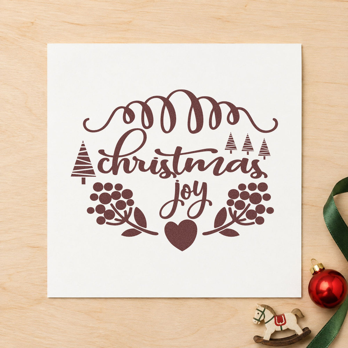 Christmas Joy Berry Frame rubber stamp printed in brown ink, ready for cutting list sheet and similar paper crafts.