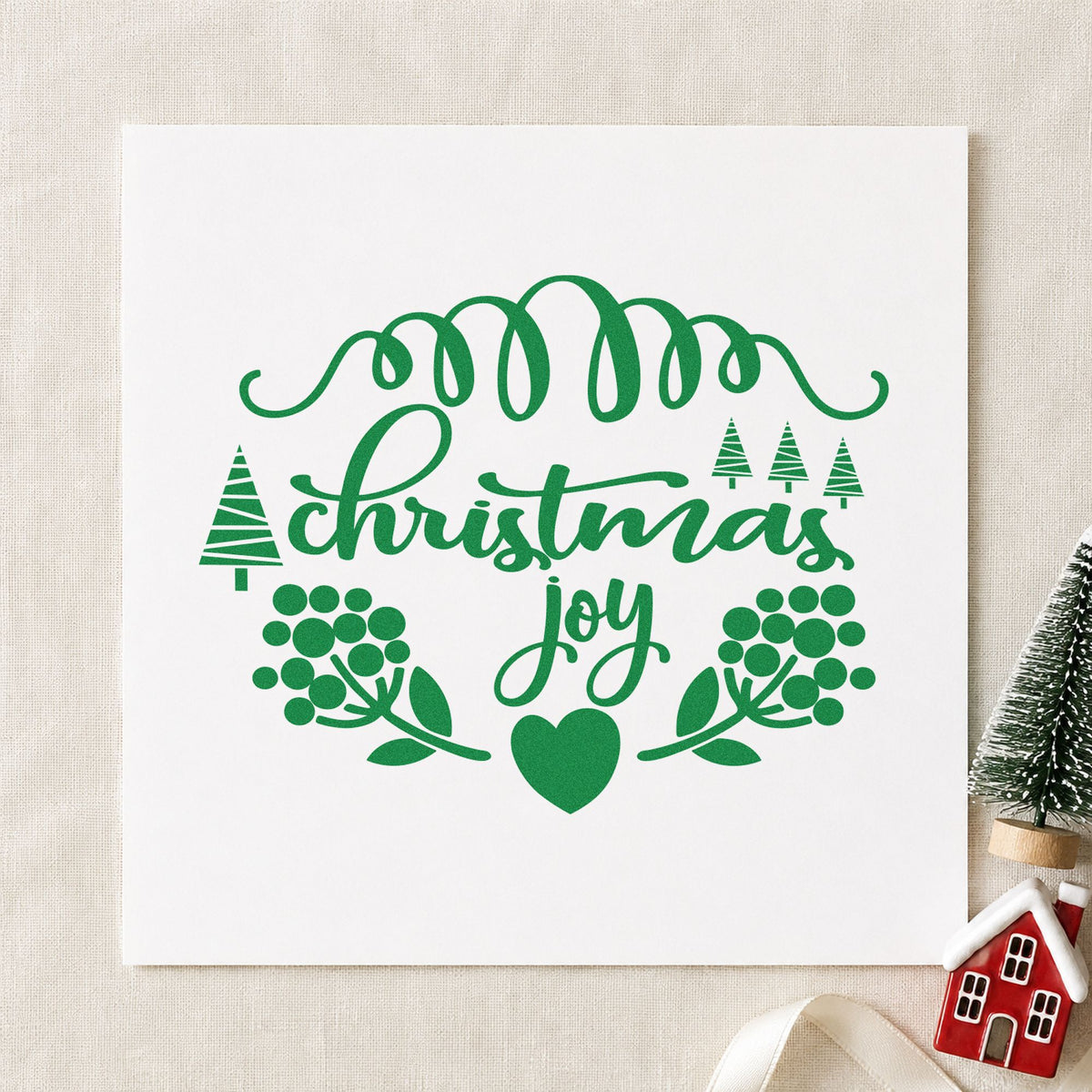 Christmas Joy Berry Frame craft stamp imprinted in green ink on paper, a design suited to framed potting shed.