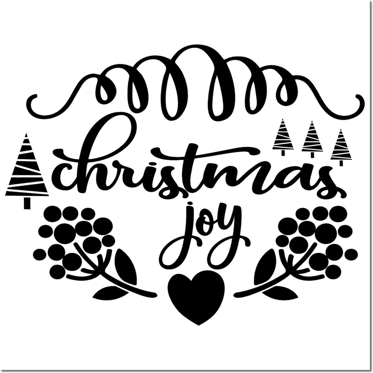 Christmas joy rubber stamp design with trees, heart and floral accents for festive holiday card making