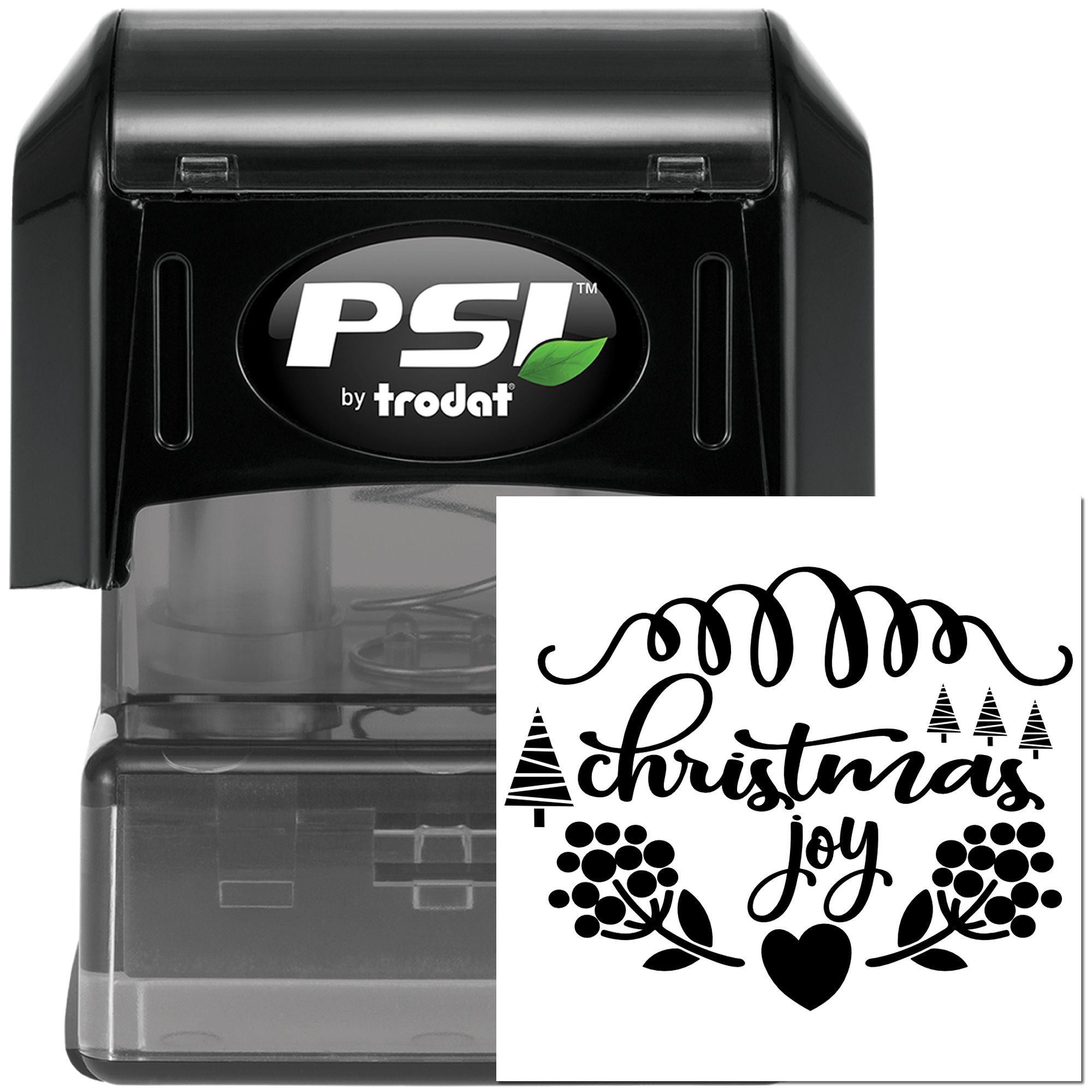 PSI by Trodat self-inking rubber stamp with custom Christmas Joy holiday design for cards, gifts, and packaging.